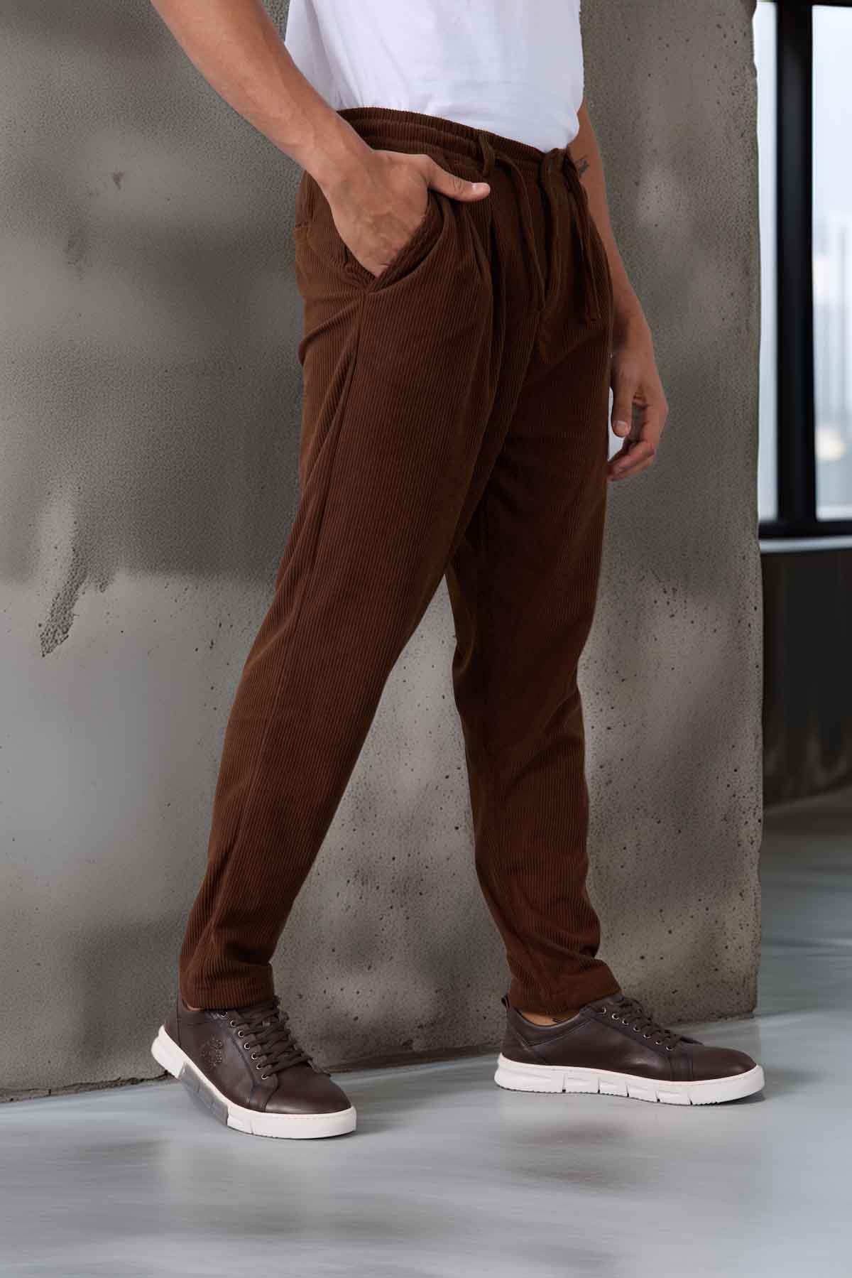 Roy Regular Fit Beli Lastikli Fitilli Kadife Kumaş Fermuarlı Jogger Erkek Pantolon - Kahve · 5