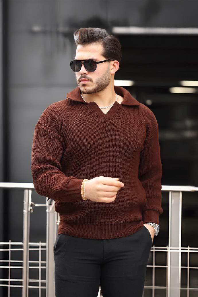 Joris Oversize Gömlek Polo Yaka Selanik Örgülü Erkek Triko Kazak - Kahve · 5