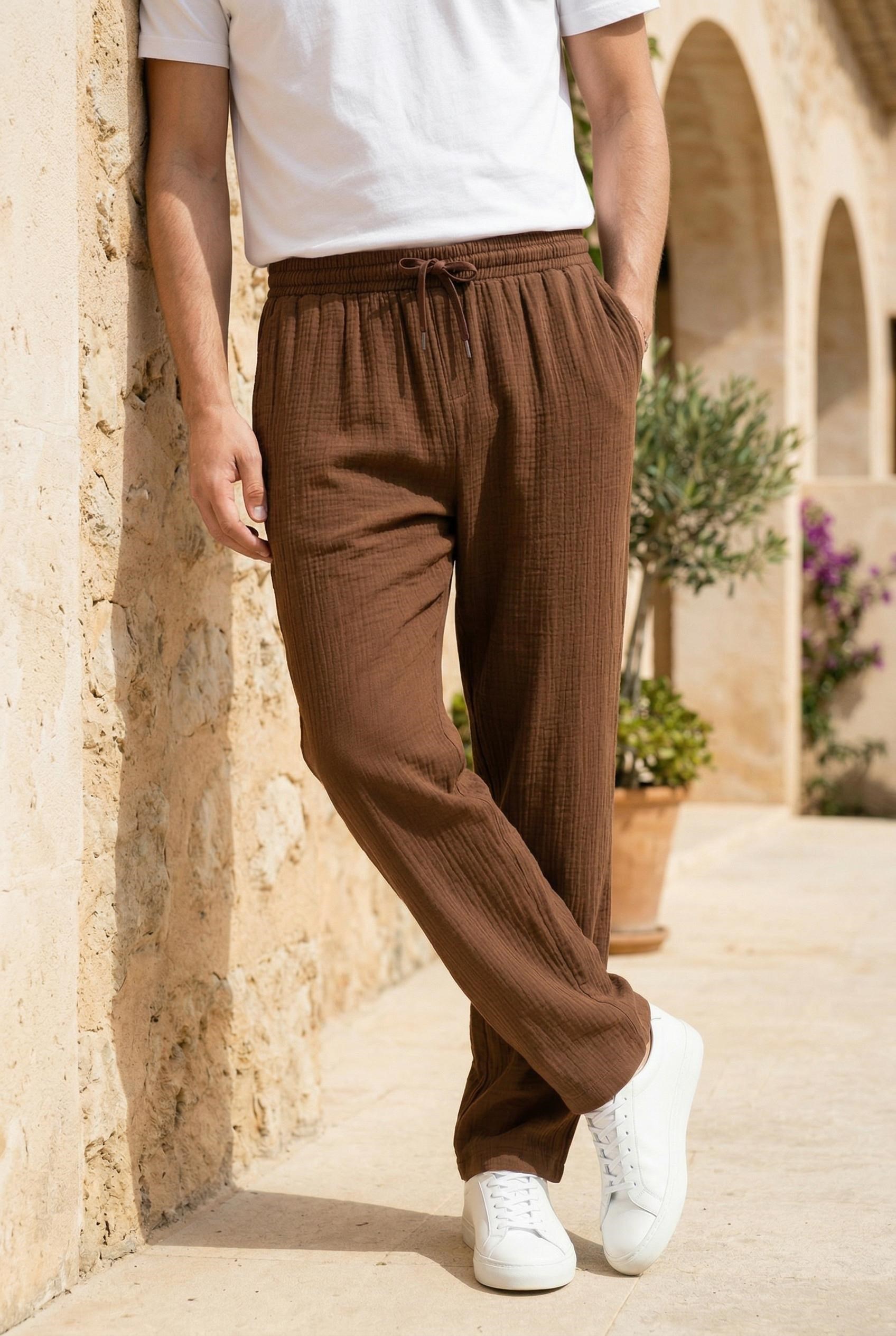 Hafif ve Rahat Müslin Baggy Erkek Pantolon - Kahve