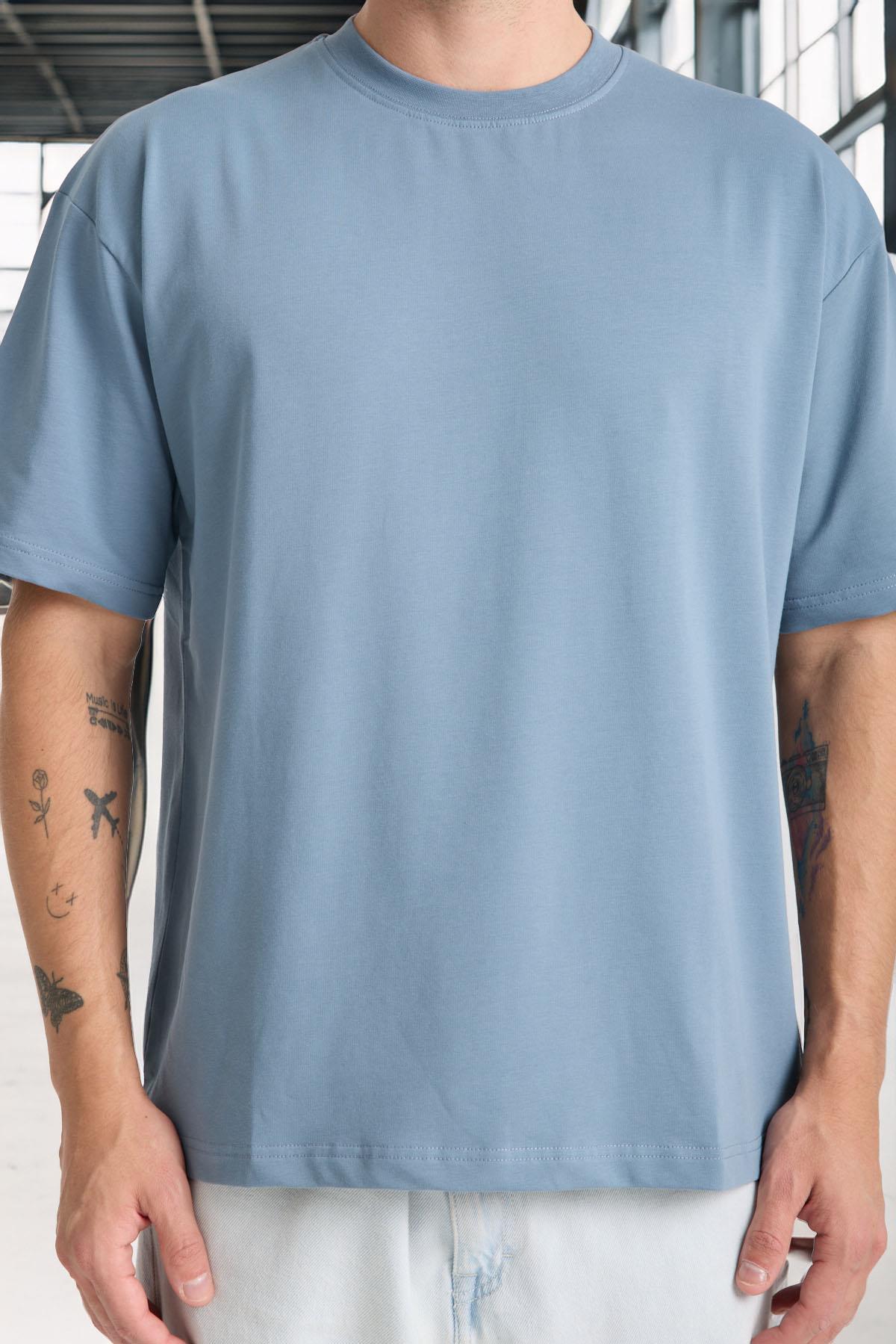 İki İplik Kumaş Pamuklu Bisiklet Yaka Basic Oversize Erkek T-Shirt - Soğuk Mavi · 5