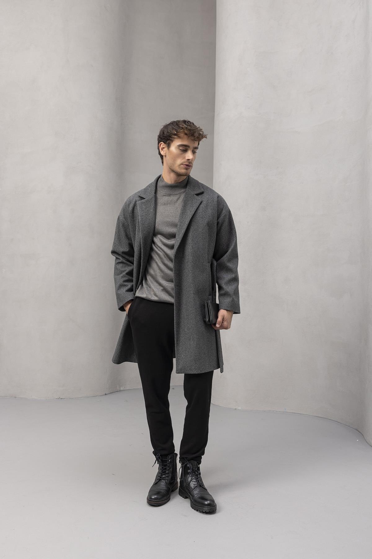 Carlo Oversize Kaşe Kumaş Fileto Cepli Kışlık Erkek Kaban - Füme · 7