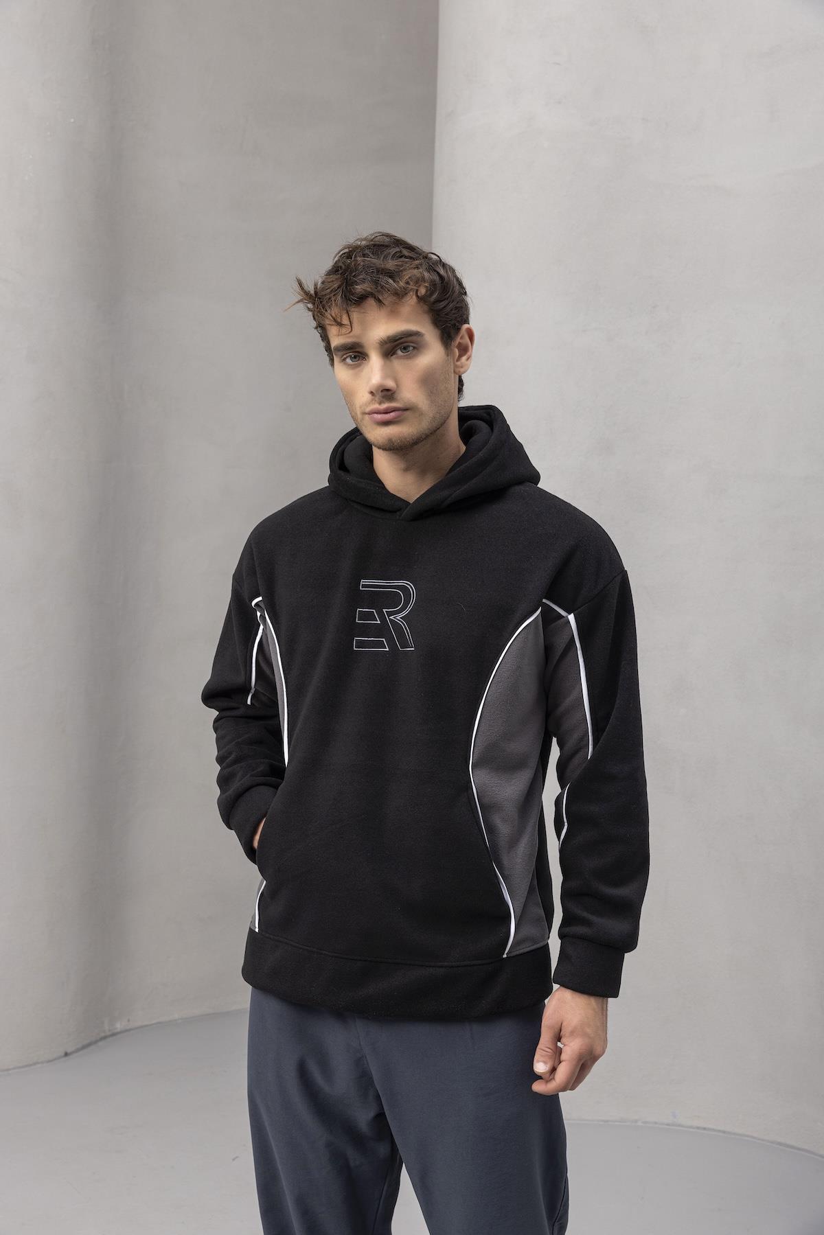 Frank Parçalı Kontrast Desenli Kapüşonlu Oversize Cepli Polar Erkek Sweatshirt - Siyah · 7
