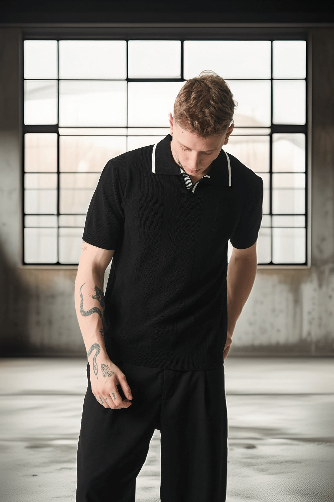 Yakası Şeritli Viskon Polo Yaka Triko Erkek T-Shirt - Siyah · 8