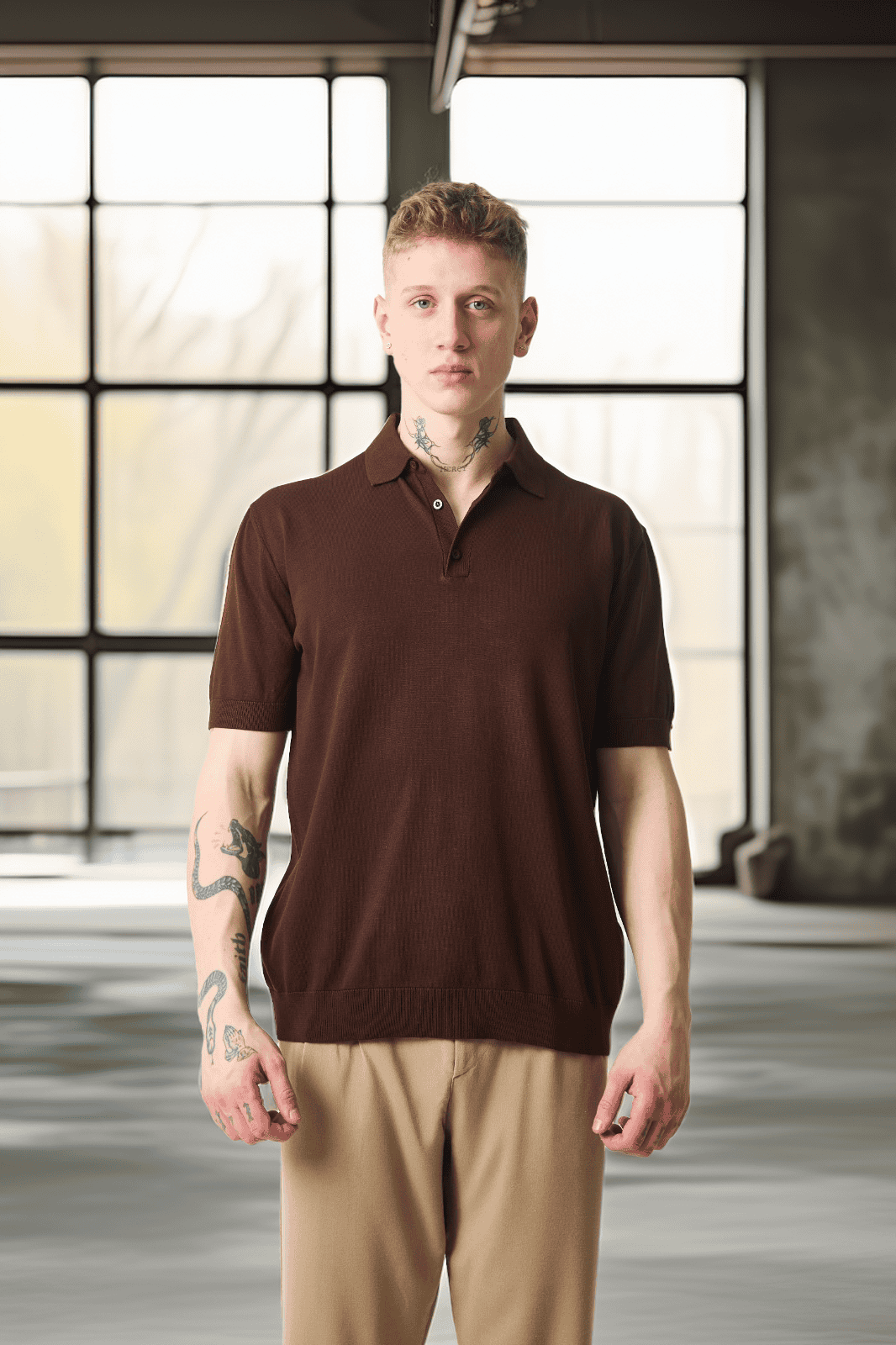 Polo Yaka Basic Düğmeli  Triko Erkek T-Shirt - Kahve · 4
