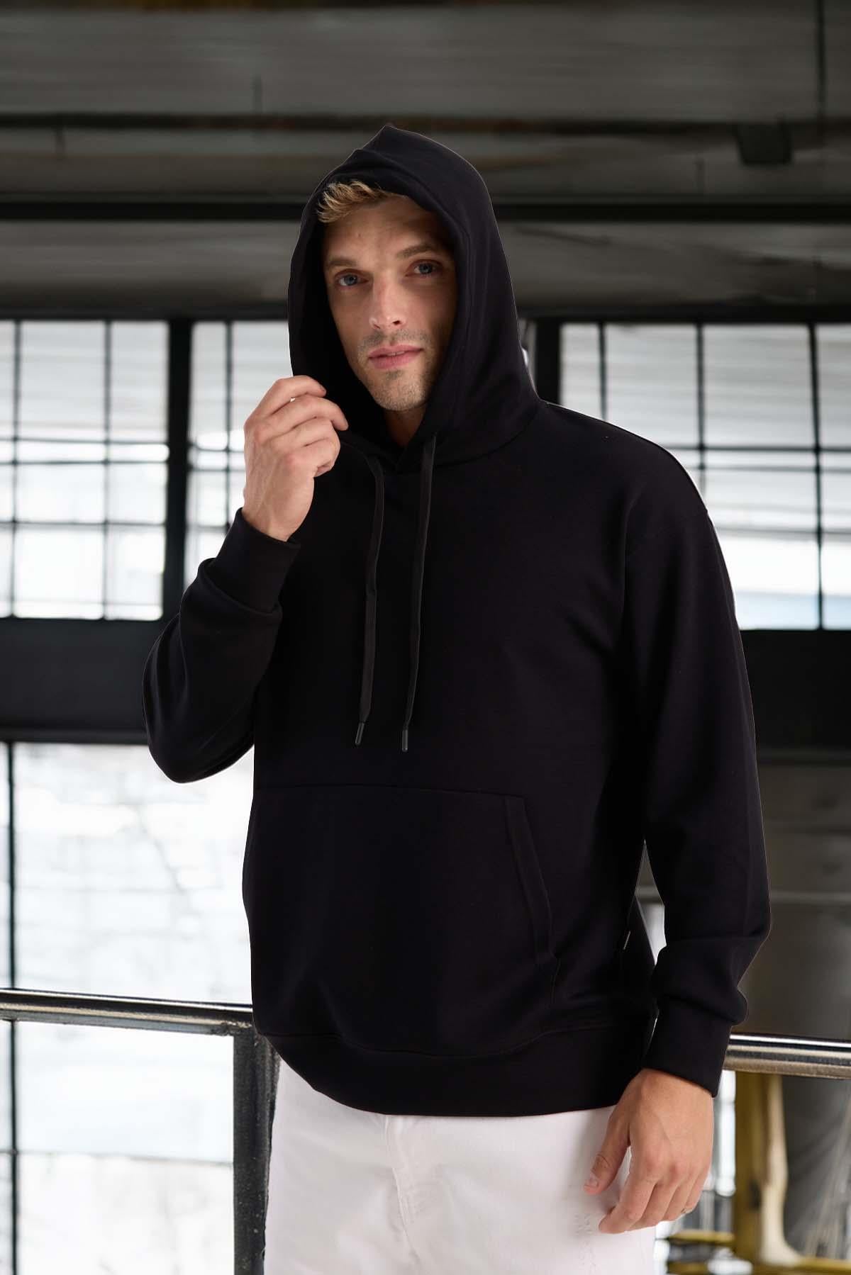 Luc Oversize Basic Dalgıç Kumaş Viskon Kapüşonlu Cepli Sweatshirt Hoodie - Siyah · 4