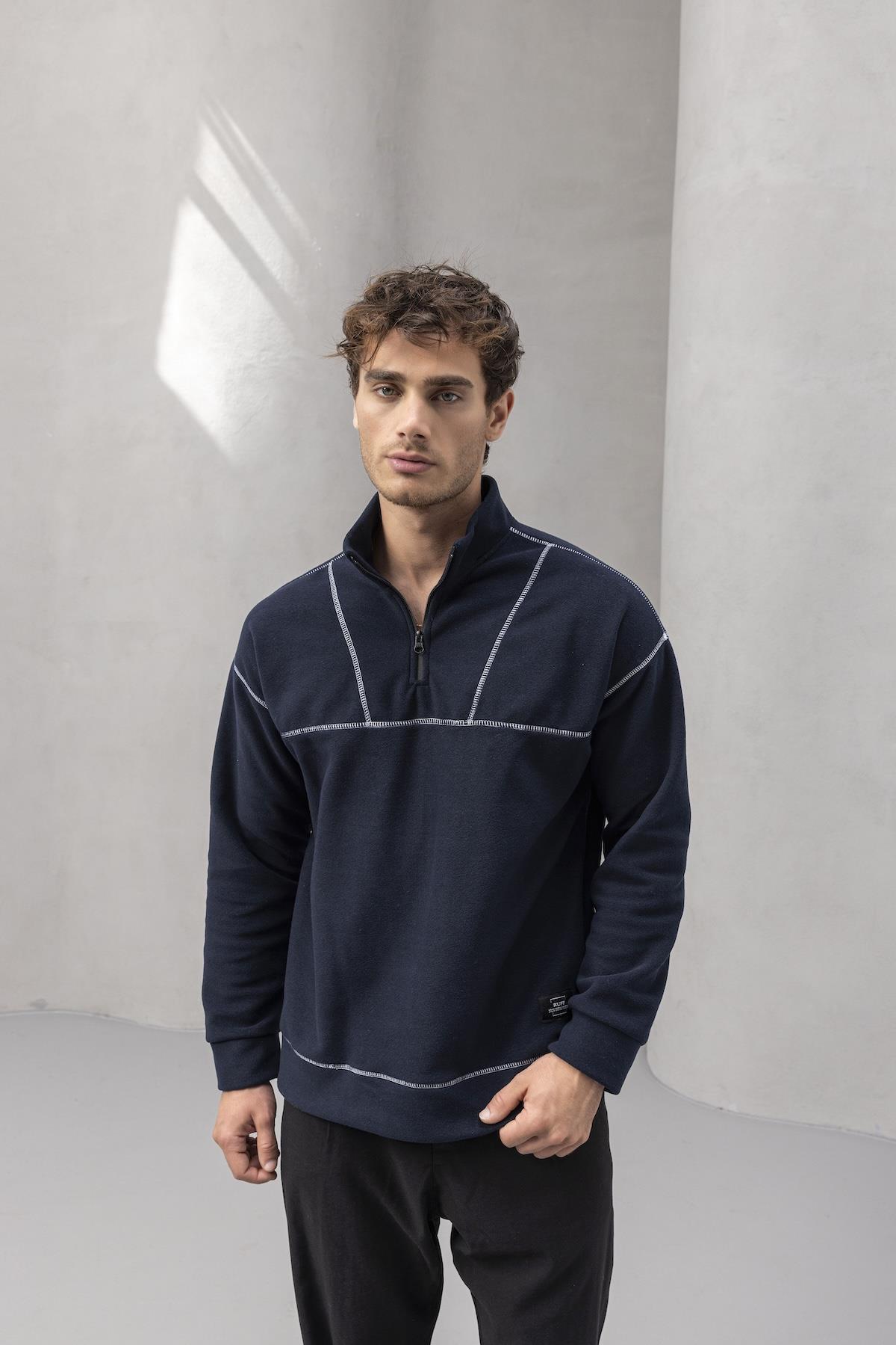 Crowe Çizgi Şeritli Oversize Yarım Fermuar Polar Erkek Sweatshirt - Lacivert · 6