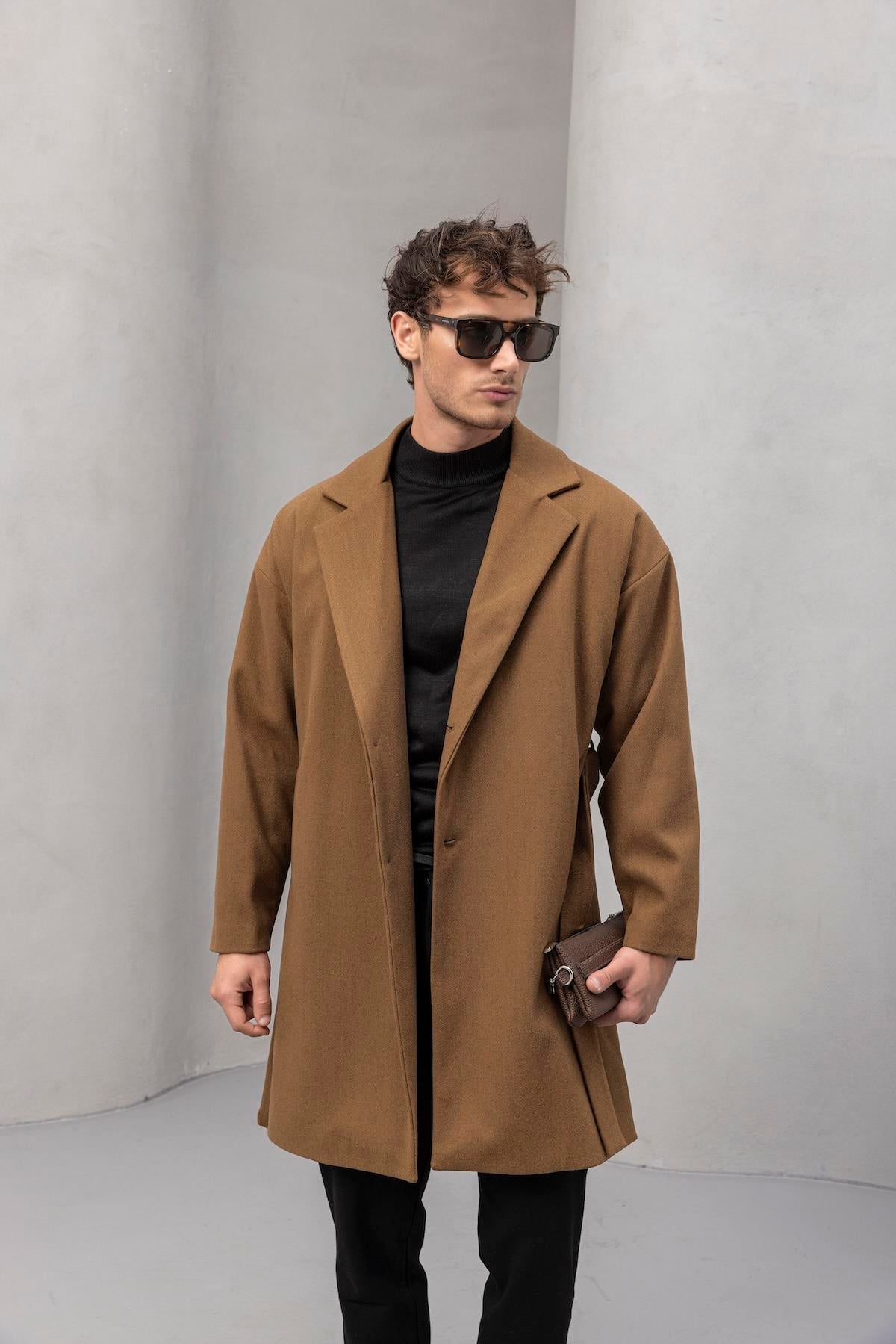 Carlo Oversize Kaşe Kumaş Yan Cepli Kışlık Erkek Kaban - Camel · 4