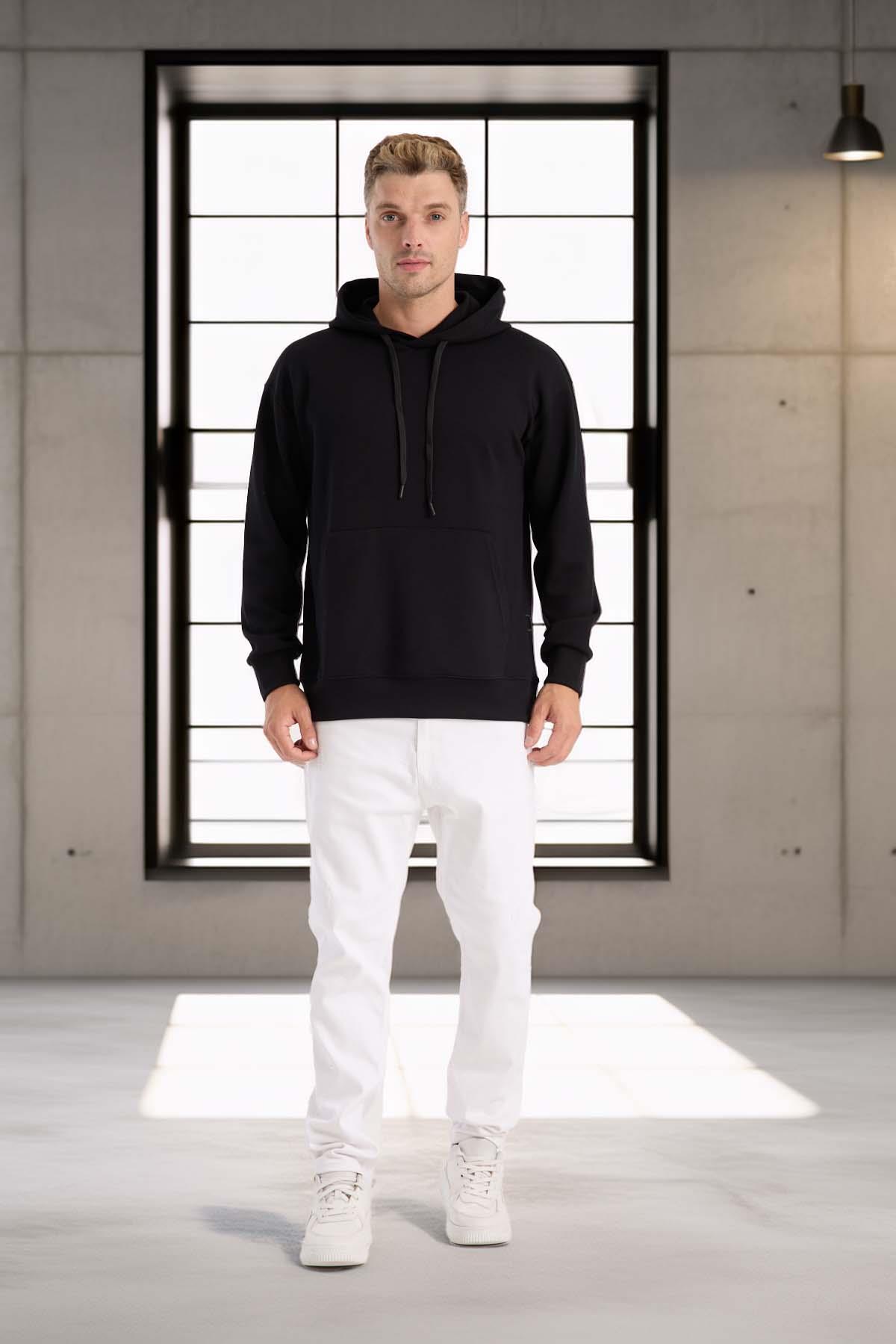 Luc Oversize Basic Dalgıç Kumaş Viskon Kapüşonlu Cepli Sweatshirt Hoodie - Siyah · 6