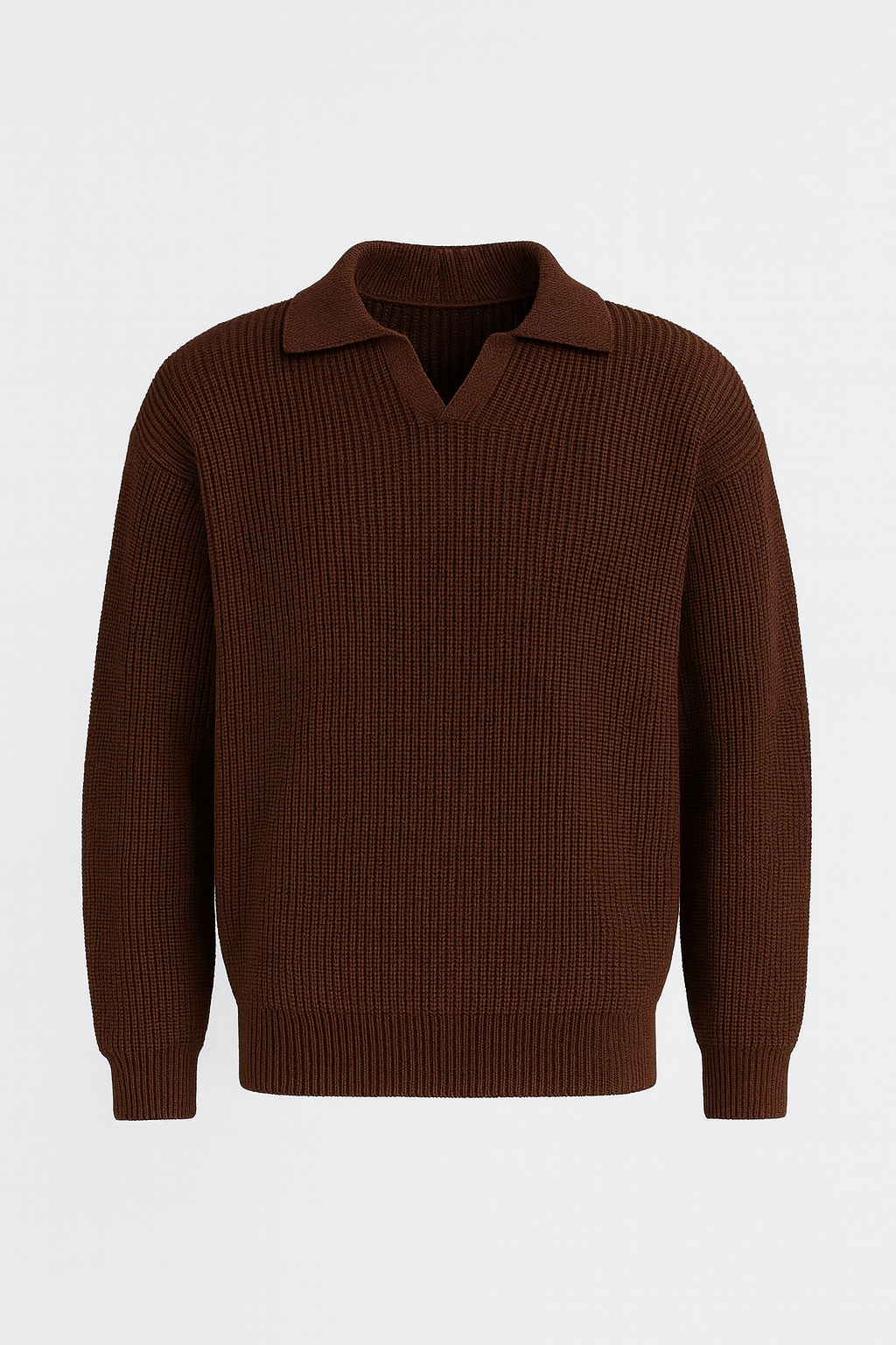 Joris Oversize Gömlek Polo Yaka Selanik Örgülü Erkek Triko Kazak - Kahve
