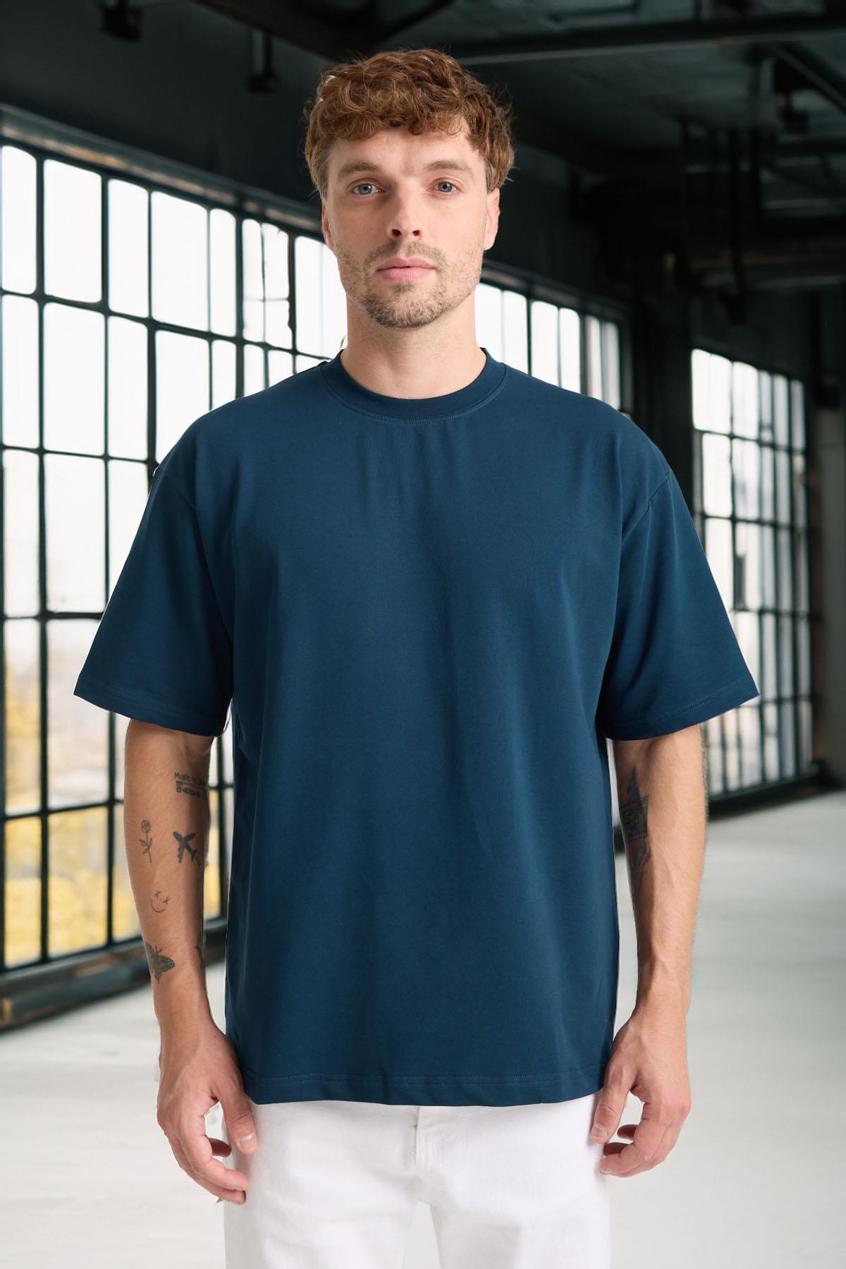 İki İplik Kumaş Pamuklu Bisiklet Yaka Basic Oversize Erkek T-Shirt - Prusya Mavisi