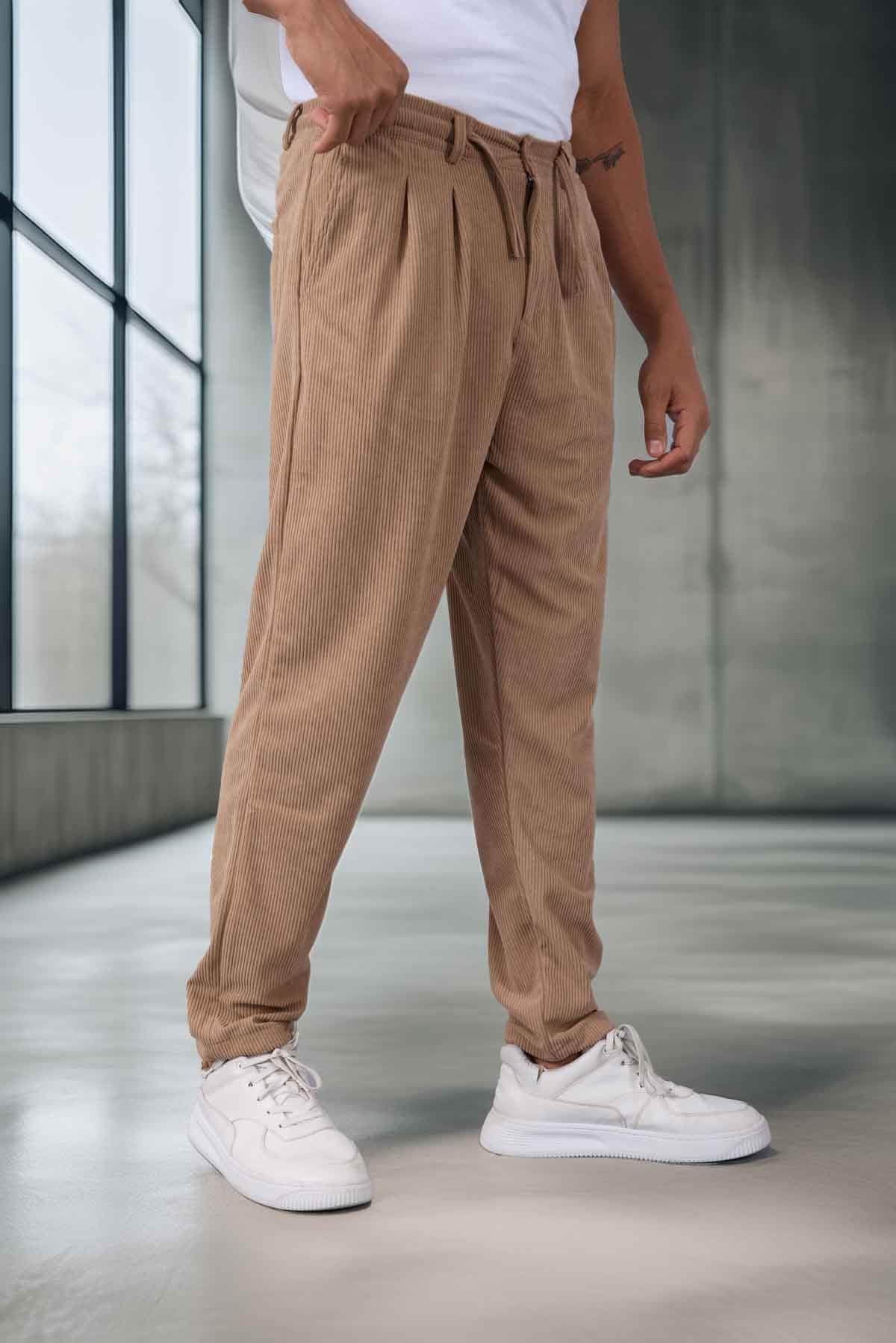Roy Regular Fit Beli Lastikli Fitilli Kadife Kumaş Fermuarlı Jogger Erkek Pantolon - Bej · 4