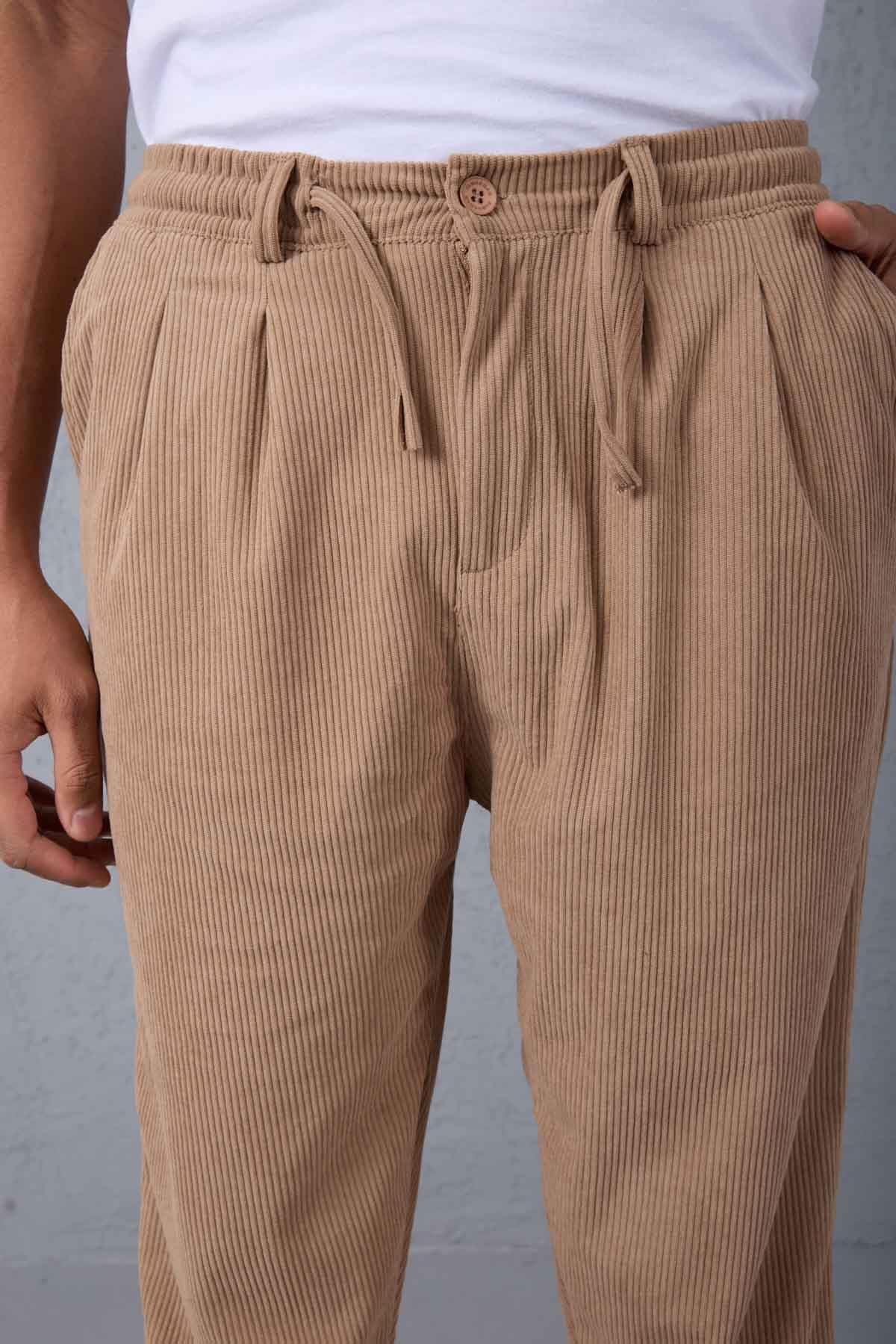 Roy Regular Fit Beli Lastikli Fitilli Kadife Kumaş Fermuarlı Jogger Erkek Pantolon - Bej · 2