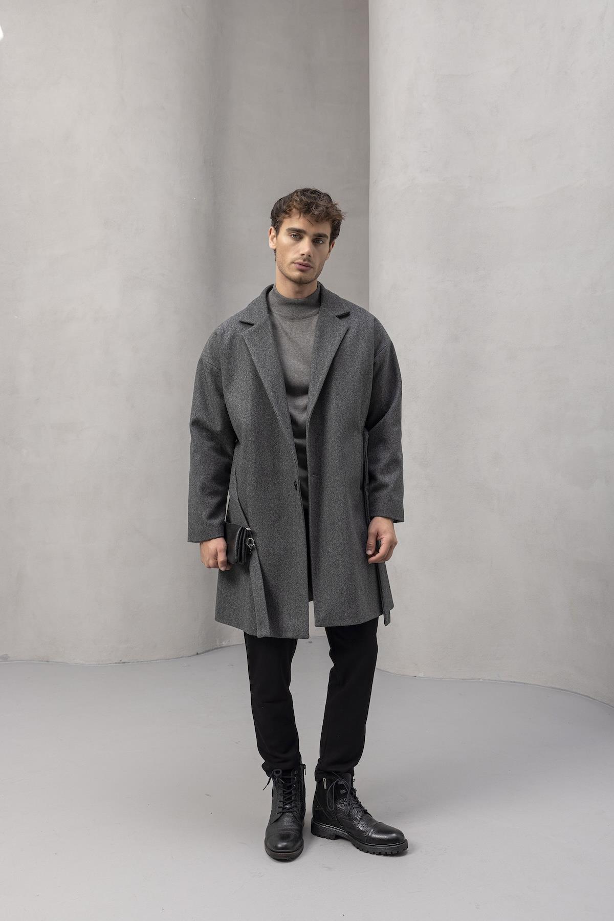 Carlo Oversize Kaşe Kumaş Fileto Cepli Kışlık Erkek Kaban - Füme · 3