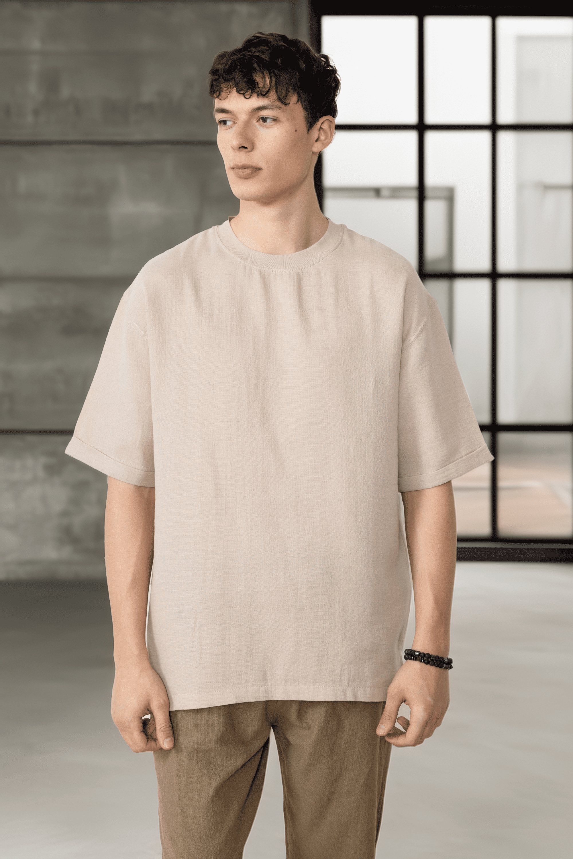 Rahat Kalıp Müslin Kumaş Erkek T-Shirt - Orta Bej