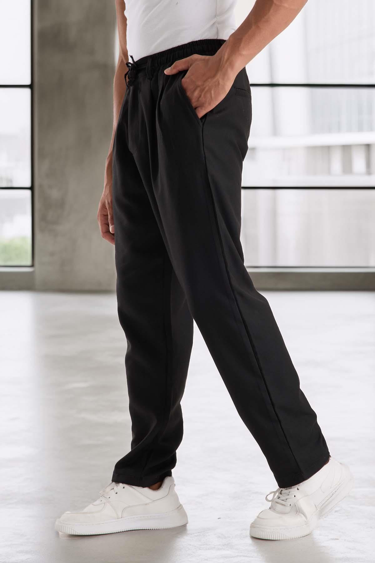 Bezayağı Kumaş Relax Fit Duble Paça Jogger Pantolon - Siyah · 3