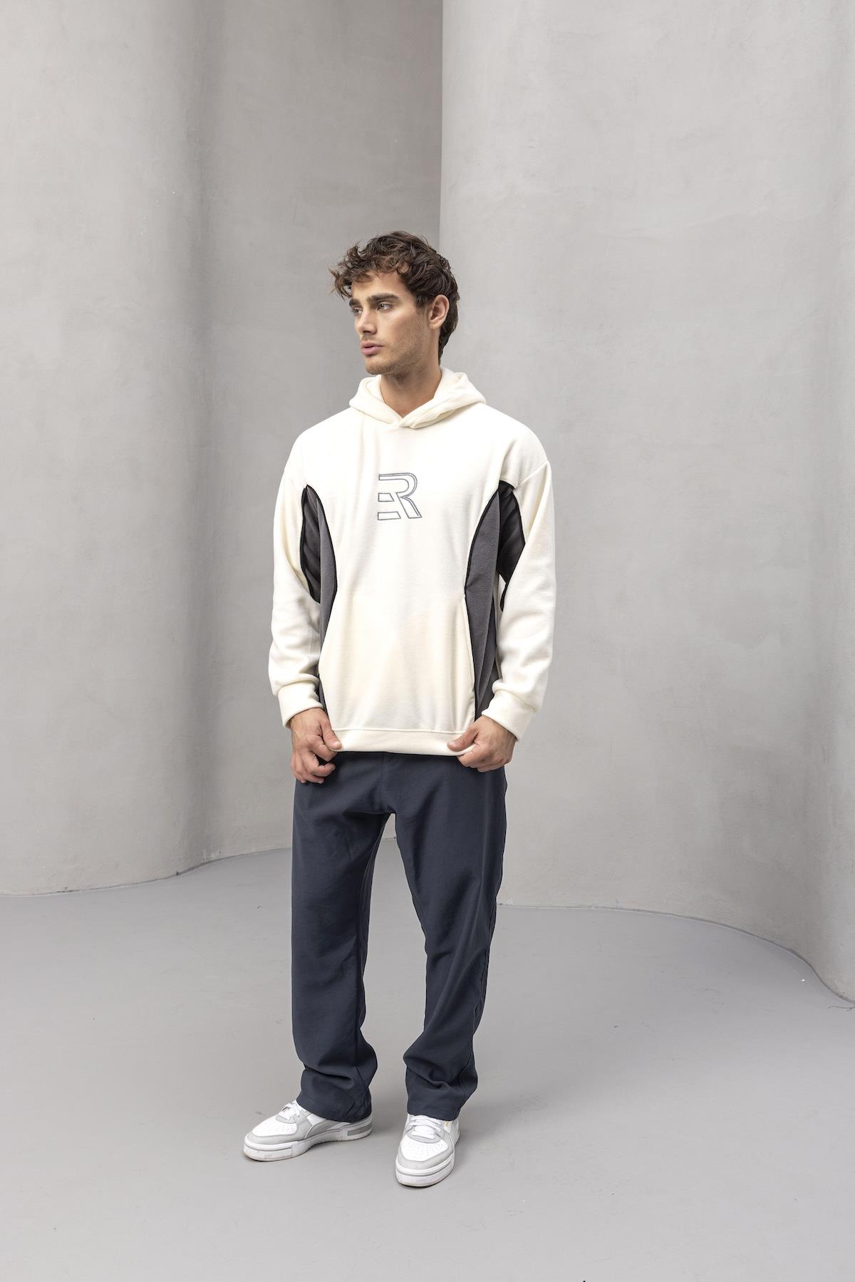 Frank Parçalı Kontrast Desenli Kapüşonlu Oversize Cepli Polar Erkek Sweatshirt - Ekru · 4