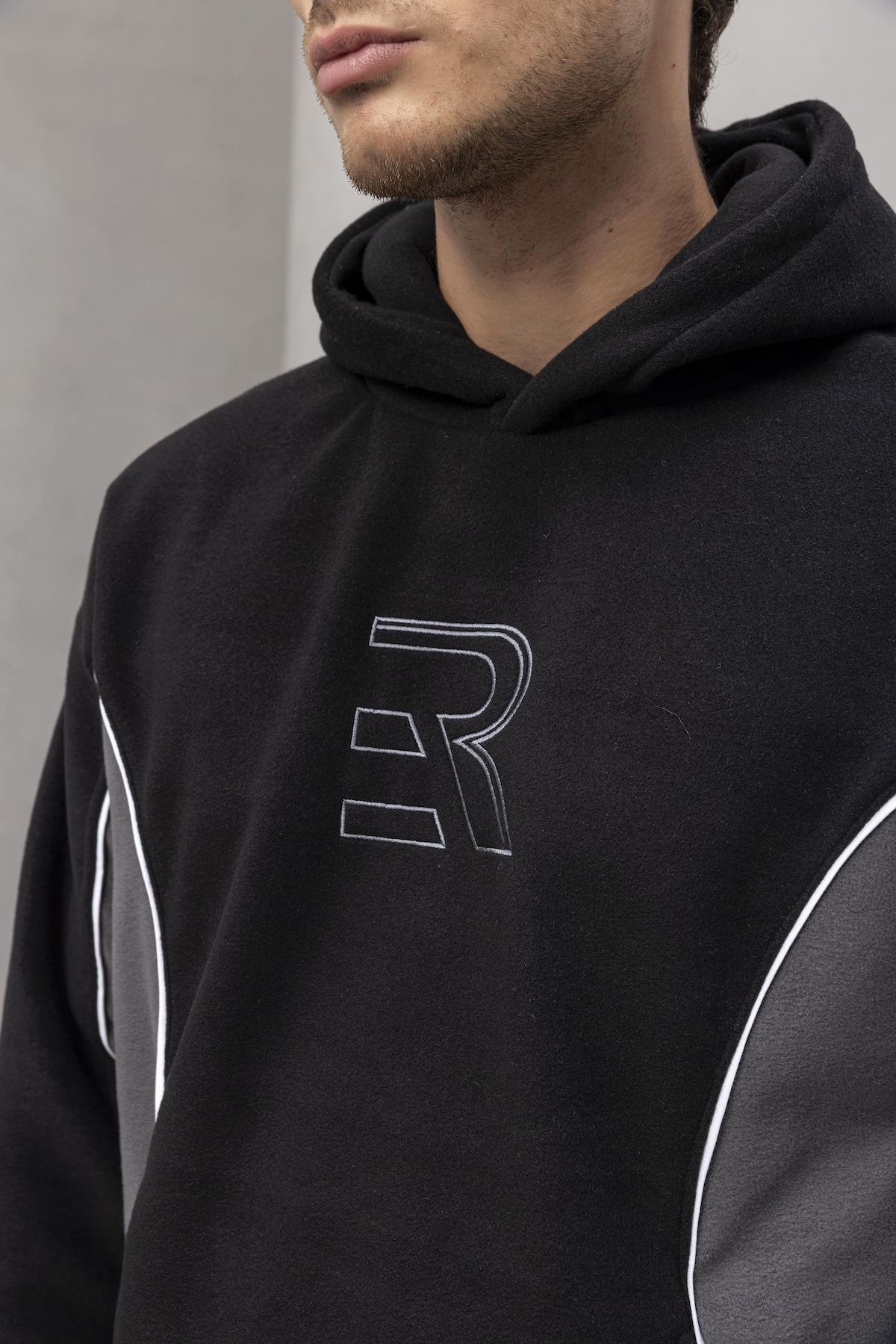 Frank Parçalı Kontrast Desenli Kapüşonlu Oversize Cepli Polar Erkek Sweatshirt - Siyah · 6
