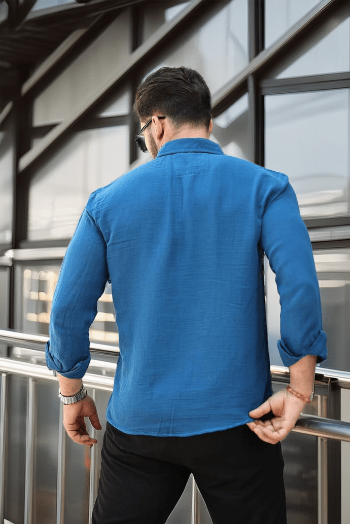 Nefes Alabilir Yarım Oversize Müslin Kumaş Uzun Kol Yakalı Erkek Gömlek - İndigo · 4