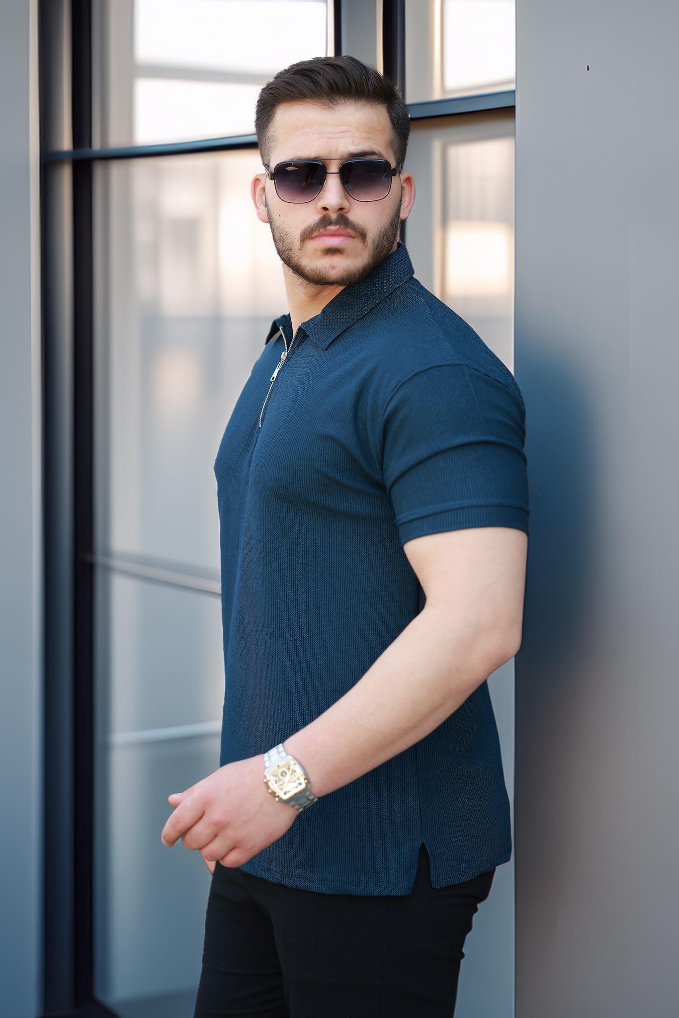 Likralı Örme Yarım Fermuar Polo Yaka Erkek Tişört - Lacivert · 3
