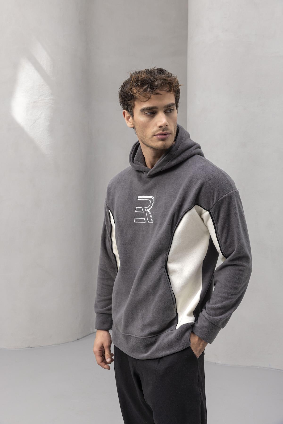 Frank Parçalı Kontrast Desenli Kapüşonlu Oversize Cepli Polar Erkek Sweatshirt - Füme · 5