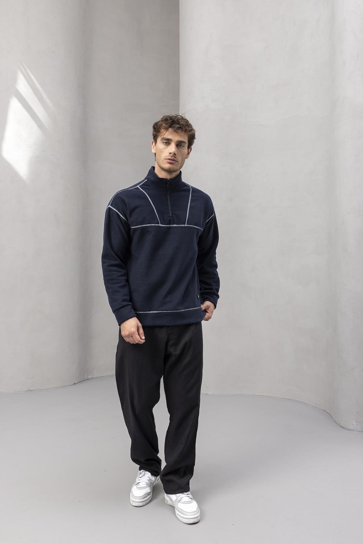 Crowe Çizgi Şeritli Oversize Yarım Fermuar Polar Erkek Sweatshirt - Lacivert · 5