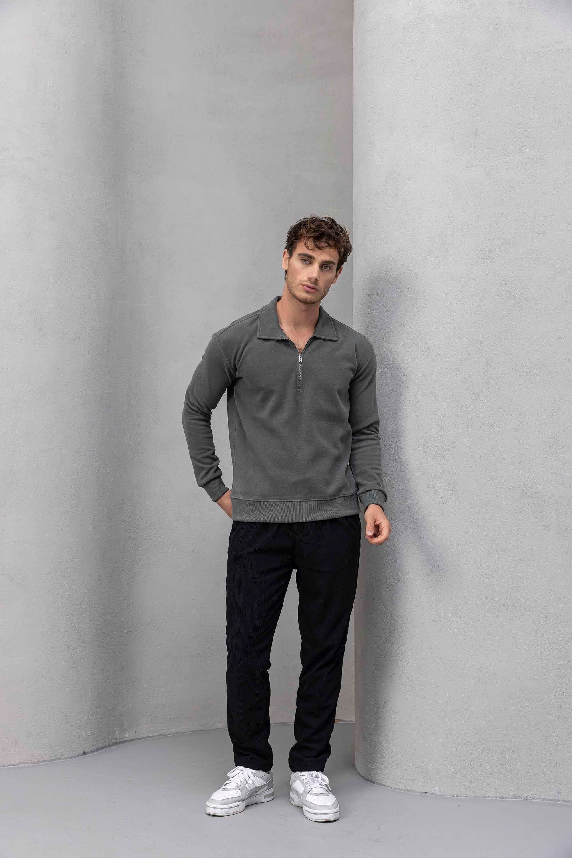 Eric Relax Fit Yarım Fermuarlı Polo Yaka Selanik Kumaş Erkek Sweatshirt - Avcı Yeşili · 4