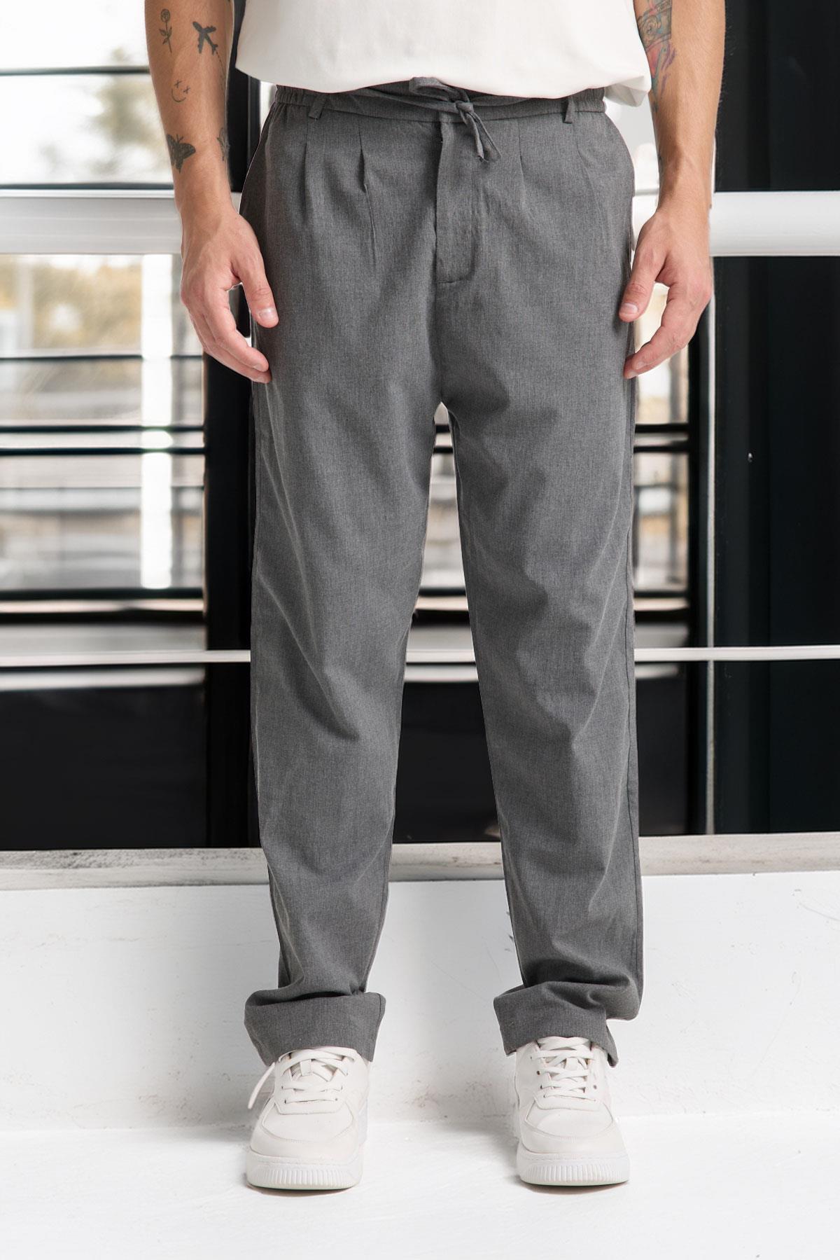 Önü Çift Pileli Fermuarlı Beli Lastikli Jogger Erkek Pantolon - Füme · 2
