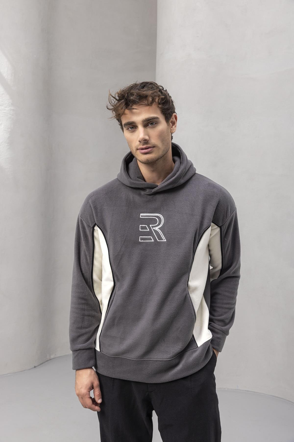 Frank Parçalı Kontrast Desenli Kapüşonlu Oversize Cepli Polar Erkek Sweatshirt - Füme · 2