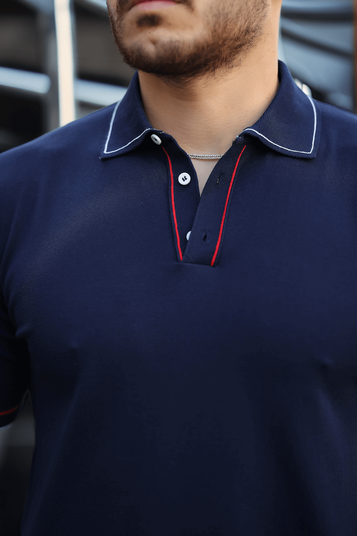 Premium Şerit Detaylı Viskon Polo Yaka Triko Erkek T-Shirt - Lacivert · 2