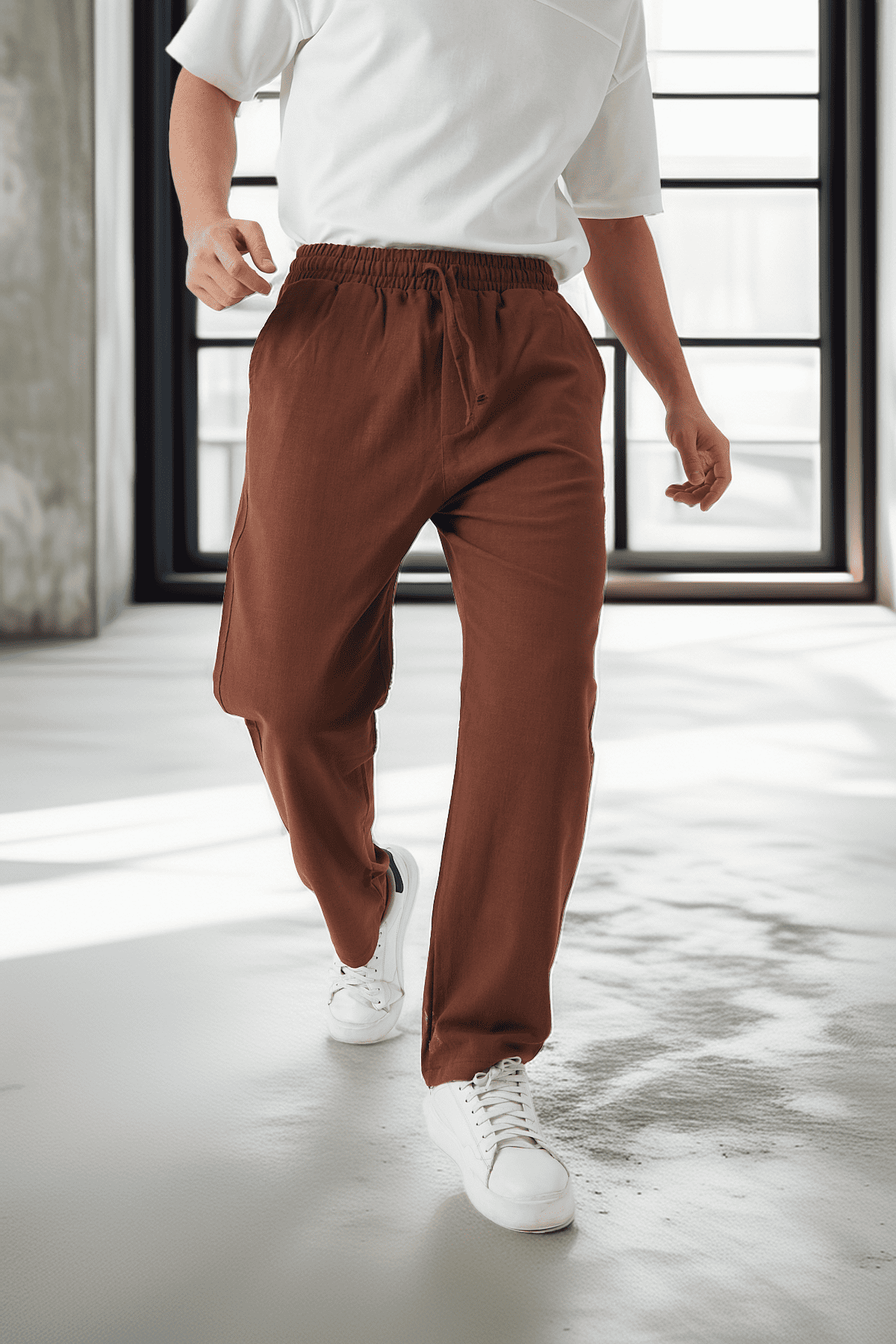 Hafif ve Nefes Alabilir Pamuklu Rahat Kalıp Baggy Erkek Pantolon - Kahve · 4