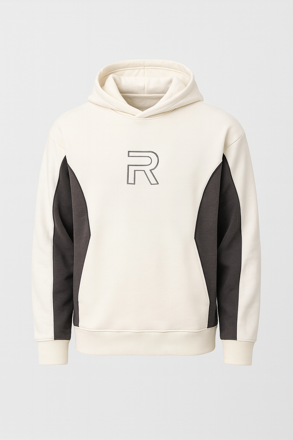 Frank Parçalı Kontrast Desenli Kapüşonlu Oversize Cepli Polar Erkek Sweatshirt - Ekru