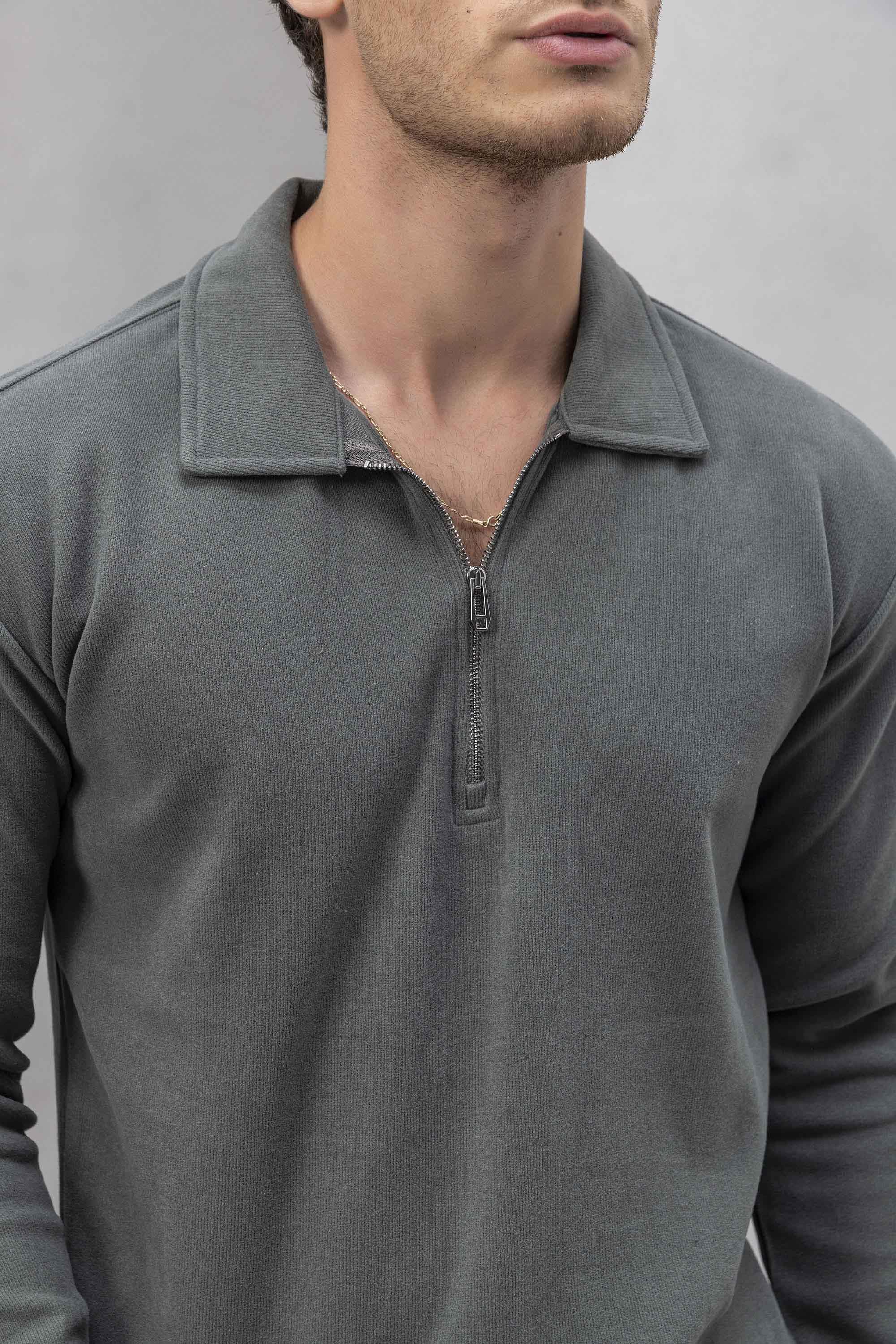 Eric Relax Fit Yarım Fermuarlı Polo Yaka Selanik Kumaş Erkek Sweatshirt - Avcı Yeşili · 3