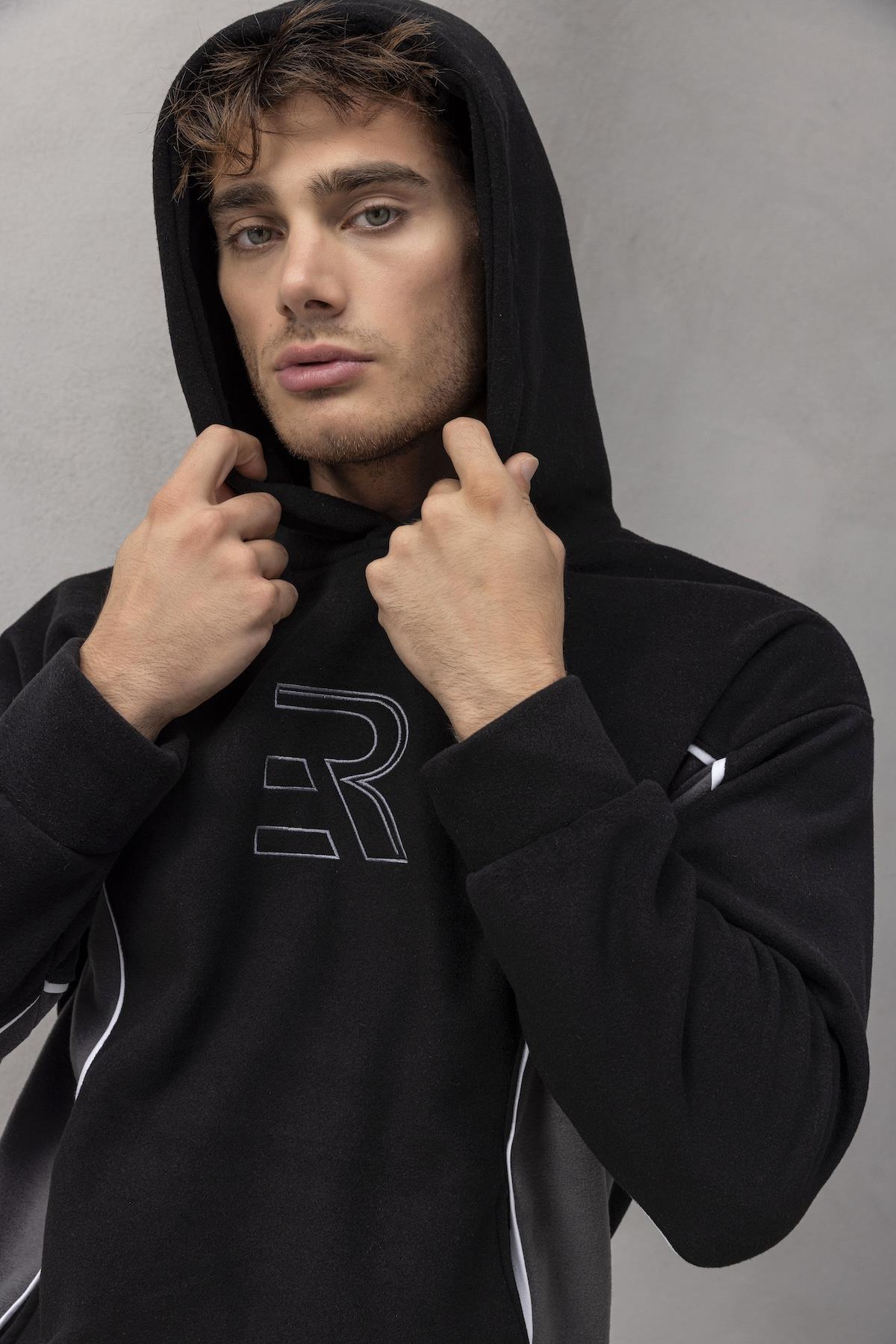 Frank Parçalı Kontrast Desenli Kapüşonlu Oversize Cepli Polar Erkek Sweatshirt - Siyah · 3