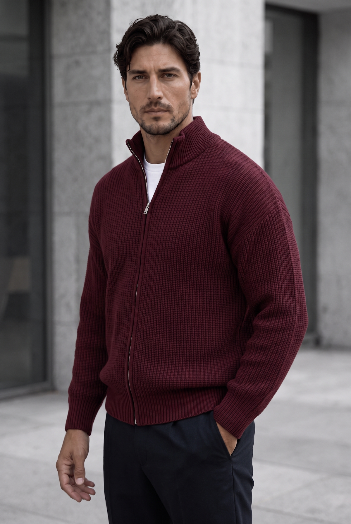 Woody Oversize Selanik Örme Fermuarlı Erkek Hırka- Bordo · 5
