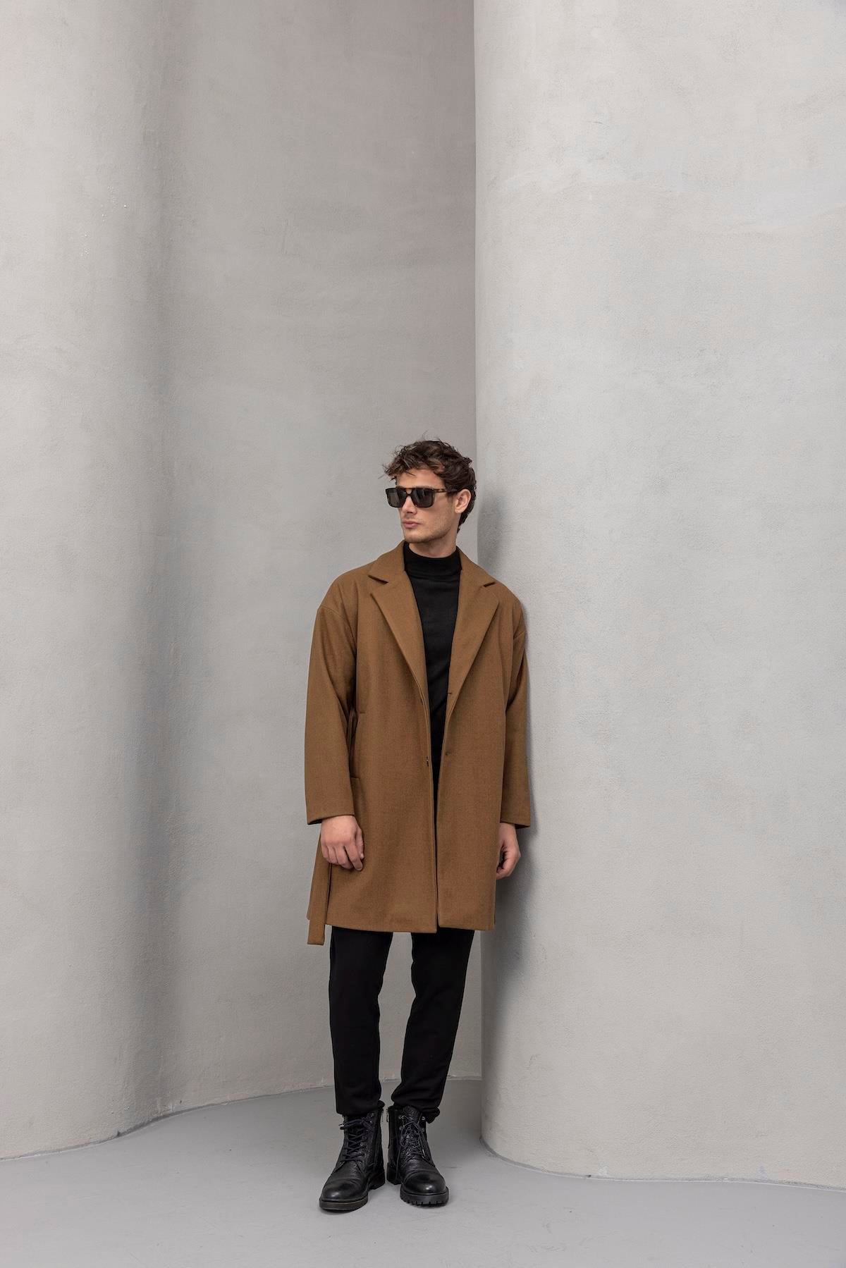 Carlo Oversize Kaşe Kumaş Yan Cepli Kışlık Erkek Kaban - Camel · 6