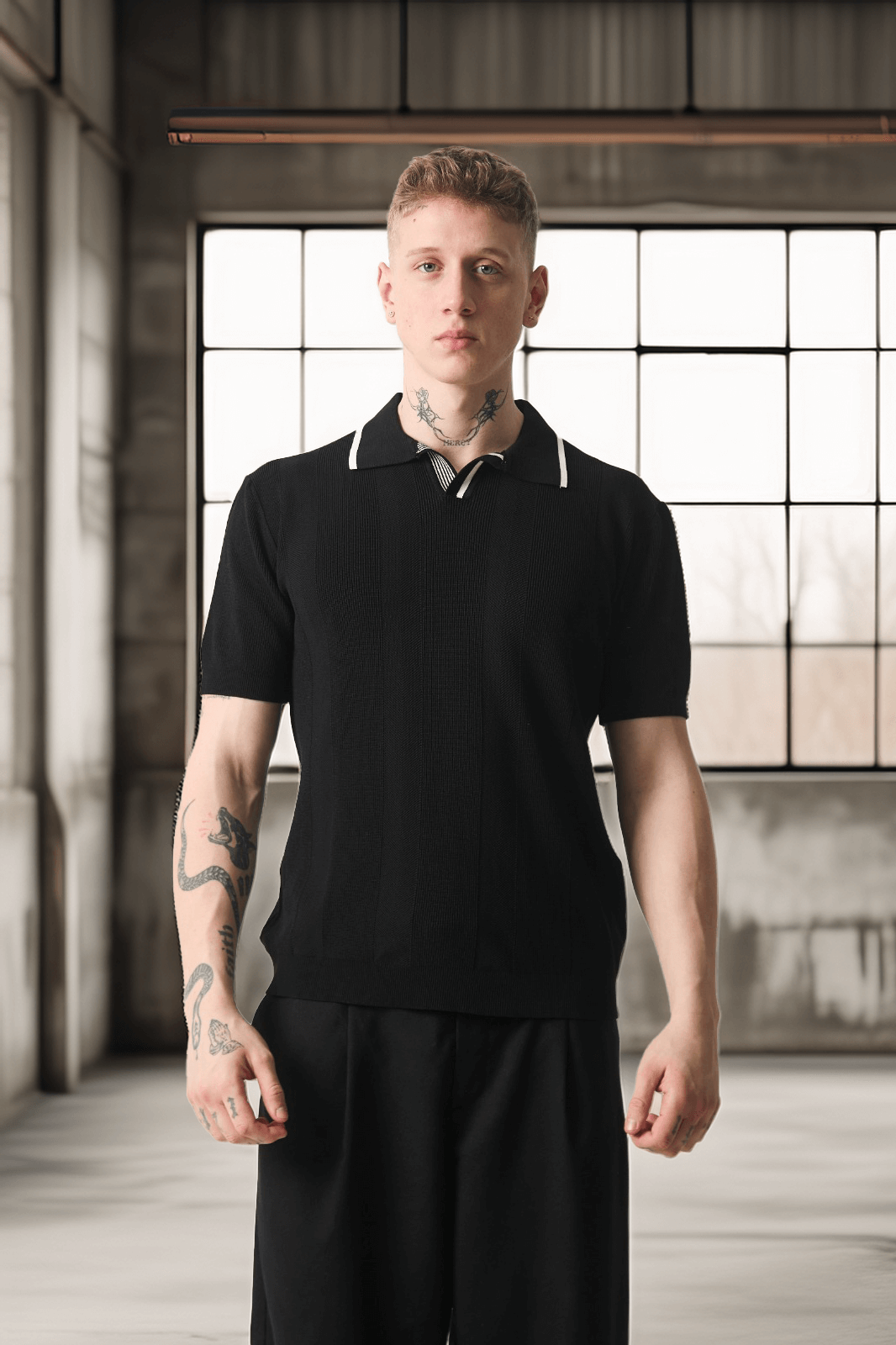Yakası Şeritli Viskon Polo Yaka Triko Erkek T-Shirt - Siyah · 6