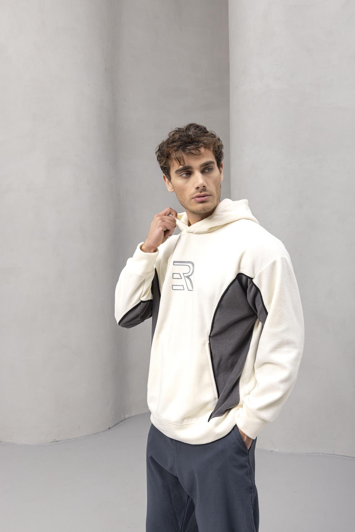 Frank Parçalı Kontrast Desenli Kapüşonlu Oversize Cepli Polar Erkek Sweatshirt - Ekru · 6