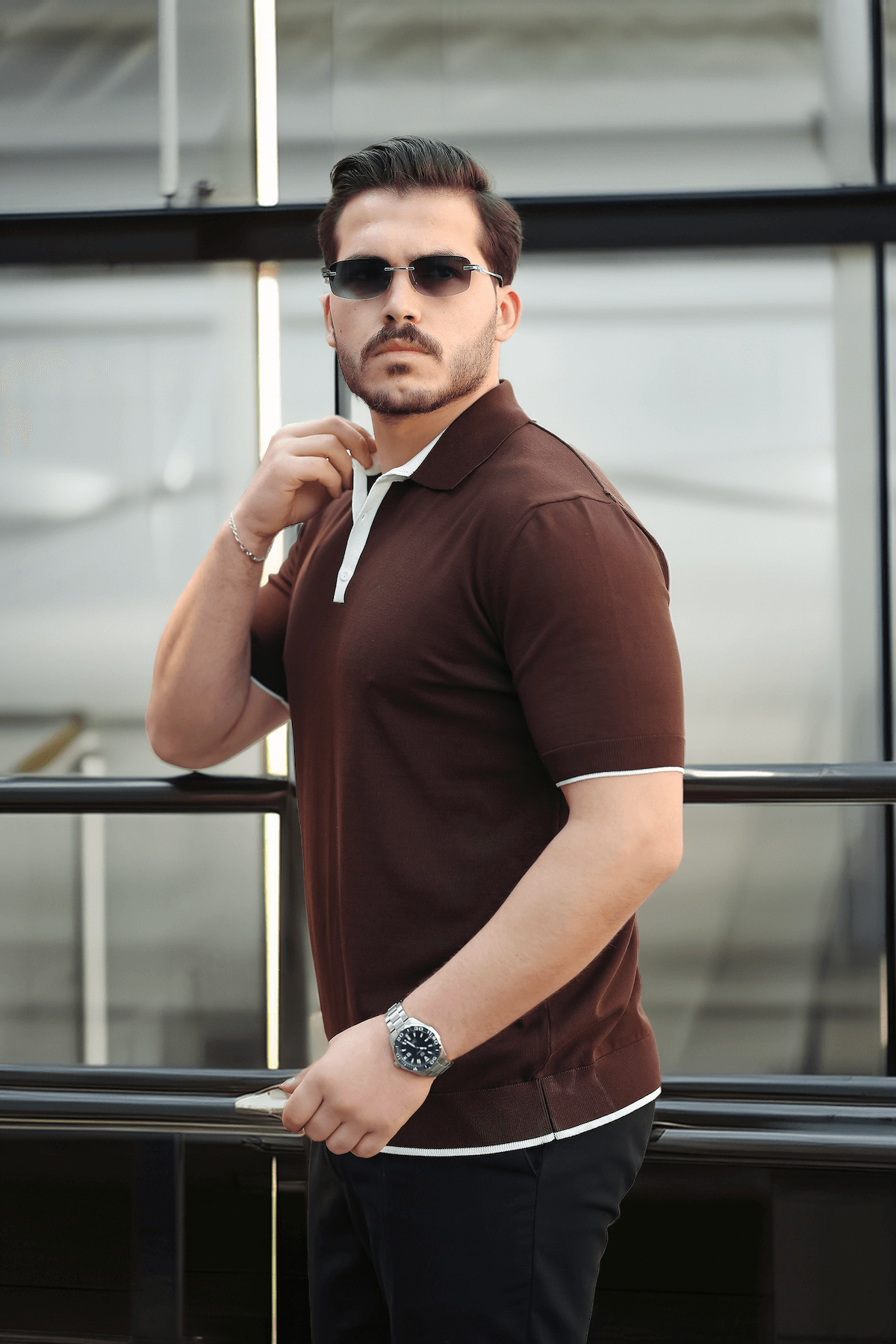 Premium Şerit Detaylı Viskon Polo Yaka Triko Erkek T-Shirt - Kahve · 4