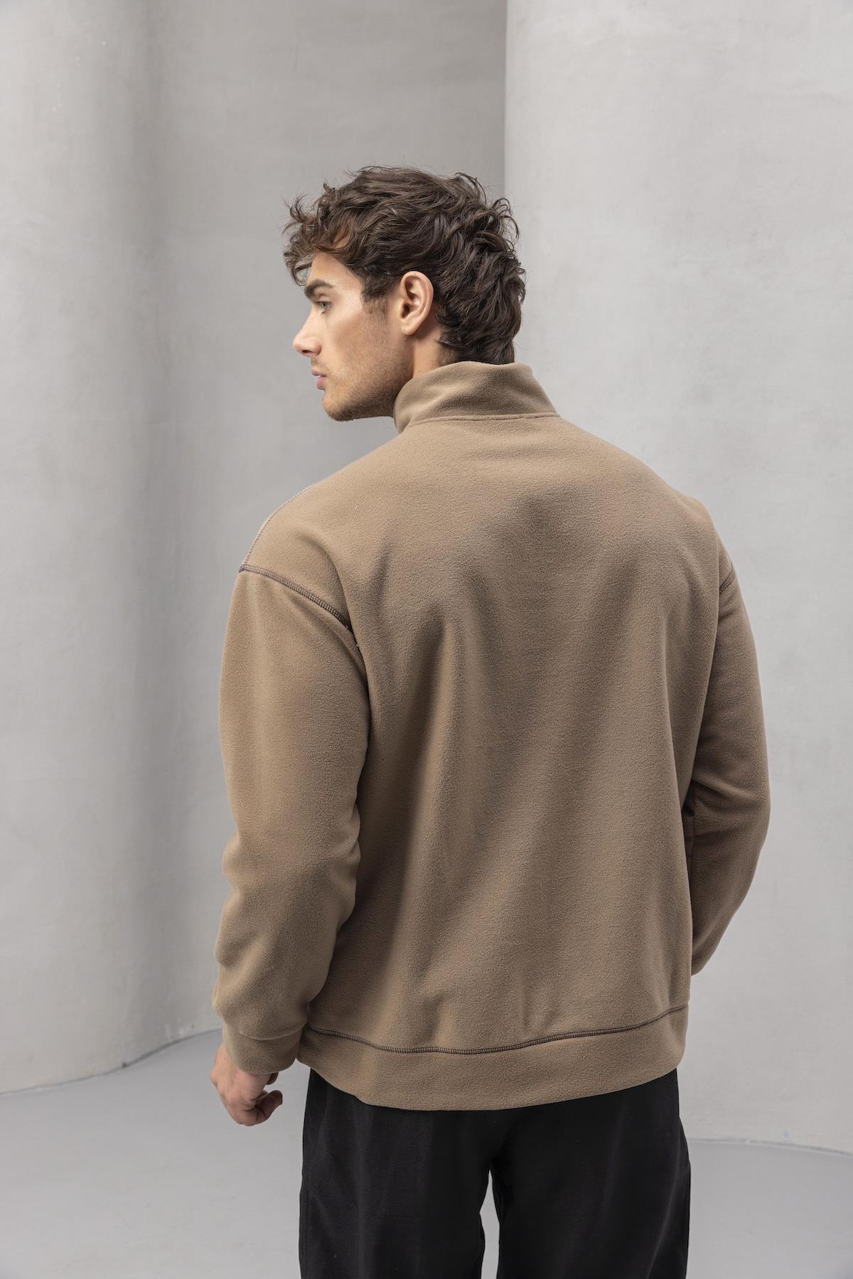 Crowe Çizgi Şeritli Oversize Yarım Fermuar Polar Erkek Sweatshirt - Bej · 7