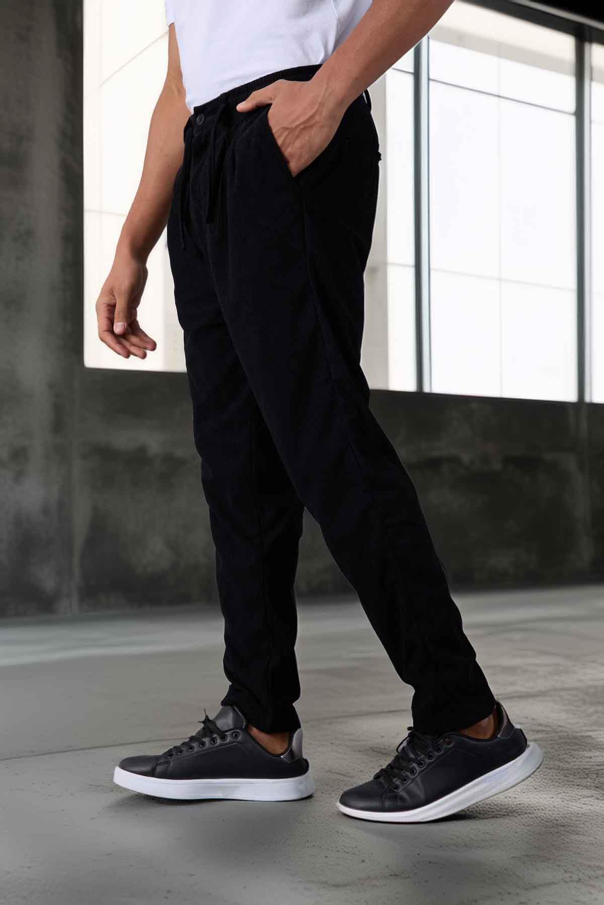 Roy Regular Fit Beli Lastikli Fitilli Kadife Kumaş Fermuarlı Jogger Erkek Pantolon - Siyah · 3