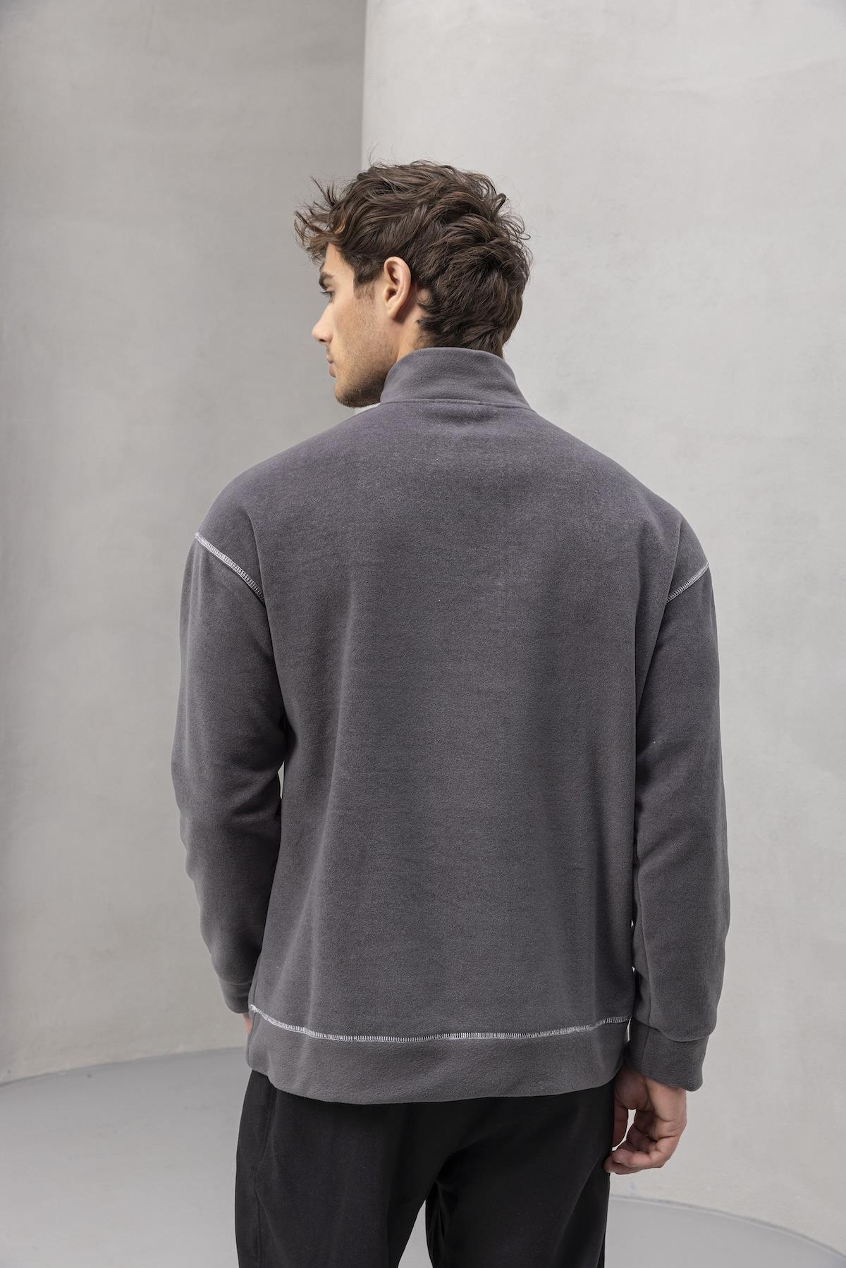 Crowe Çizgi Şeritli Oversize Yarım Fermuar Polar Erkek Sweatshirt - Füme · 7