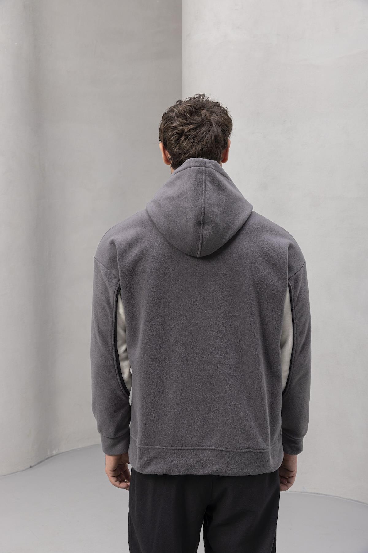 Frank Parçalı Kontrast Desenli Kapüşonlu Oversize Cepli Polar Erkek Sweatshirt - Füme · 7