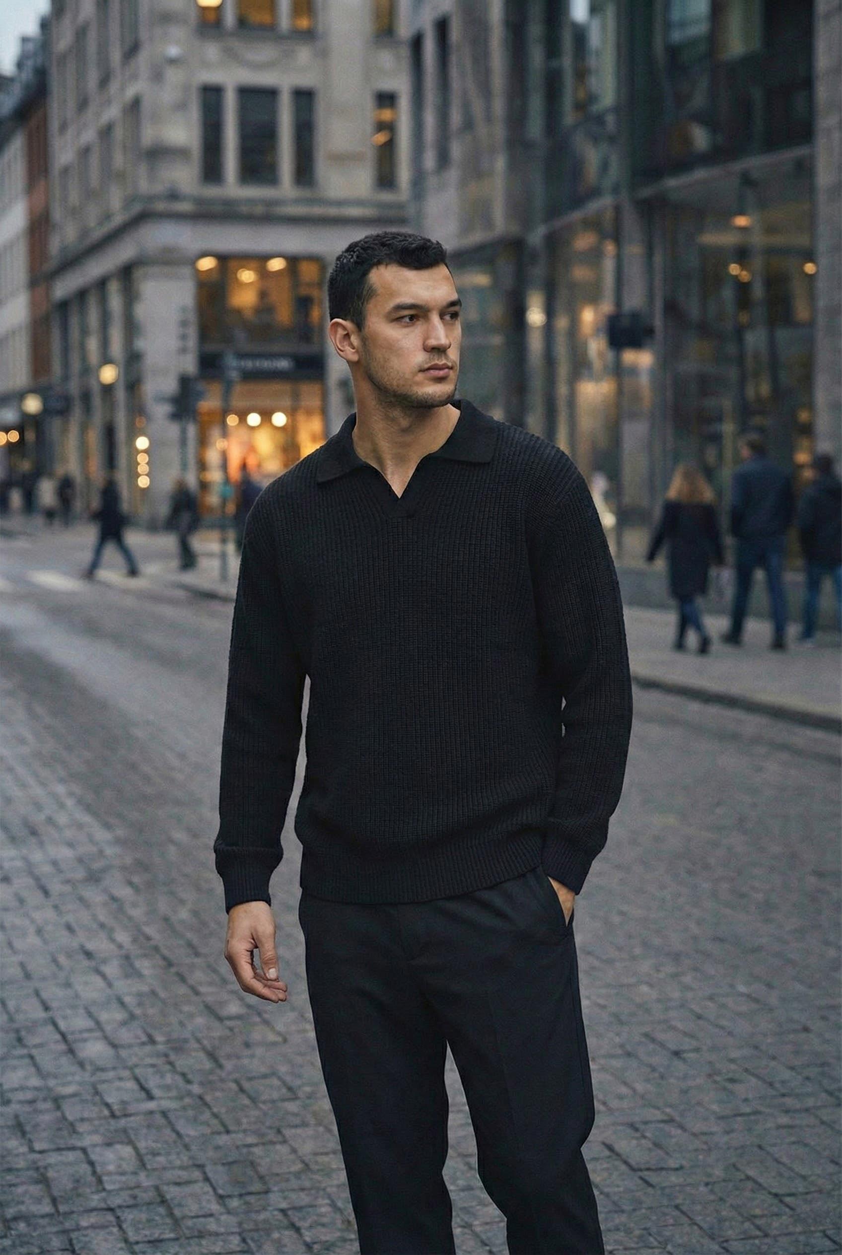 Joris Oversize Gömlek Polo Yaka Selanik Örgülü Erkek Triko Kazak - Siyah · 3