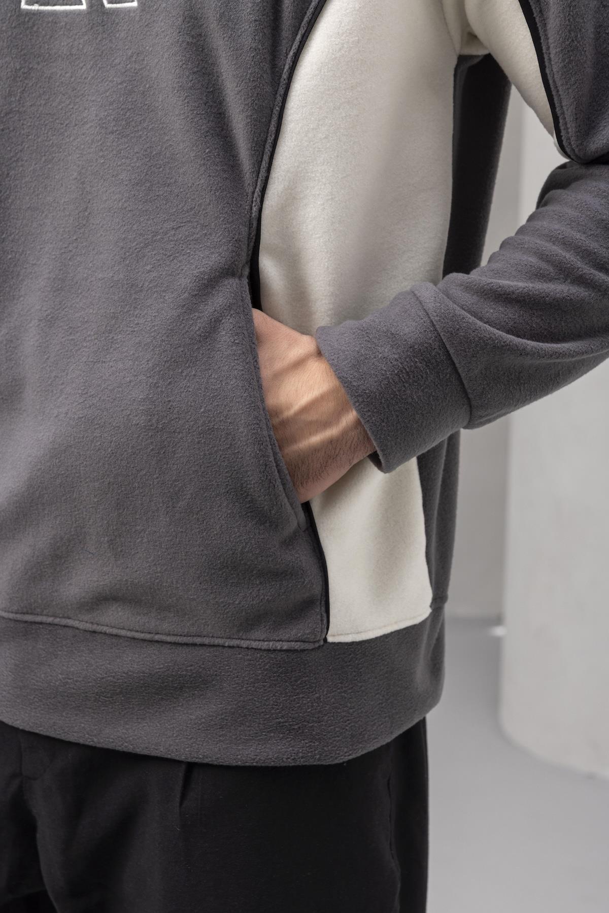 Frank Parçalı Kontrast Desenli Kapüşonlu Oversize Cepli Polar Erkek Sweatshirt - Füme · 4