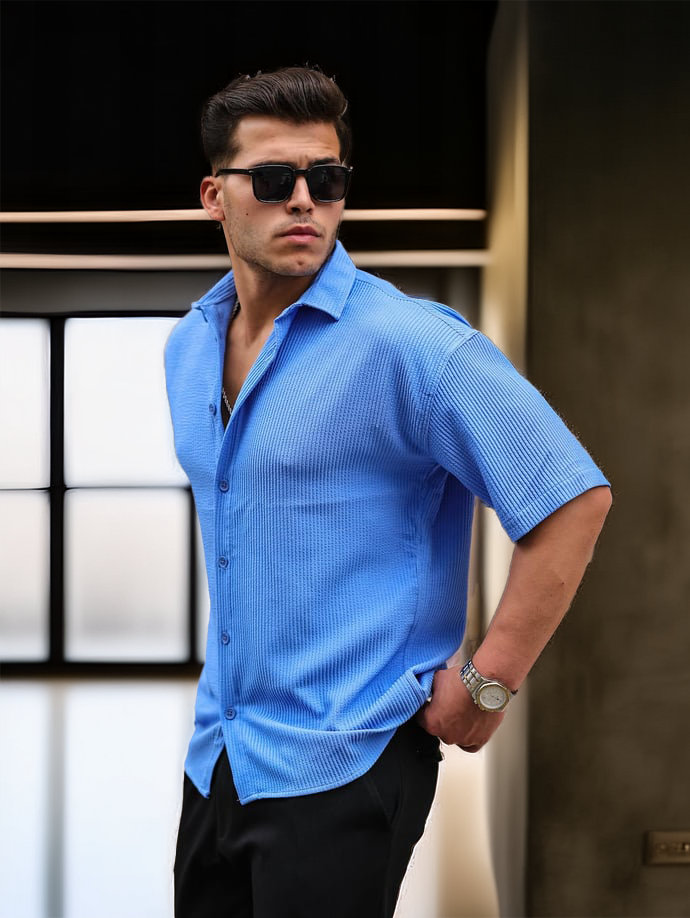 Oversize Rahat Fitilli Kısa Kol Erkek Gömlek- Mavi