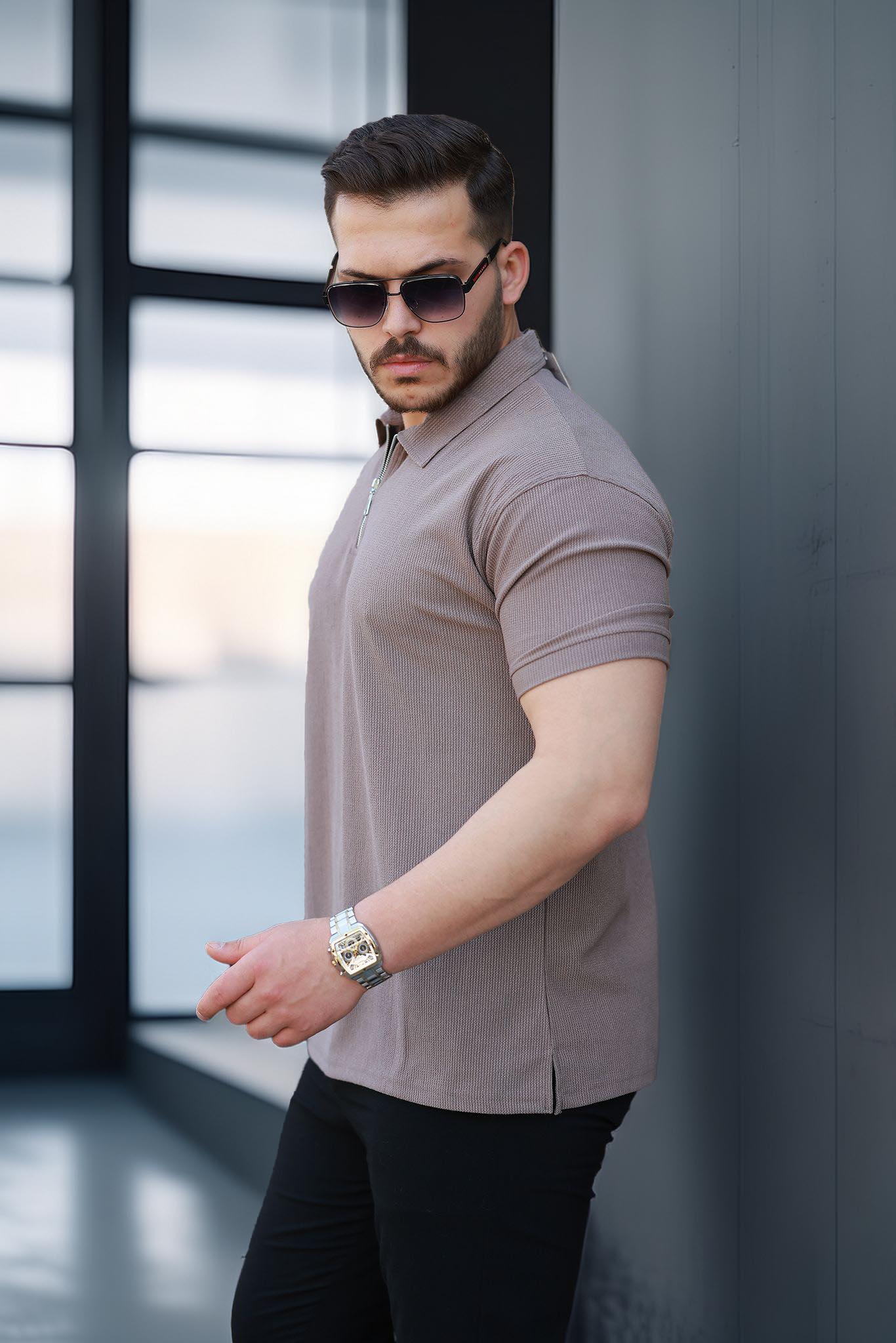 Likralı Örme Yarım Fermuar Polo Yaka Erkek Tişört - Kahve · 3