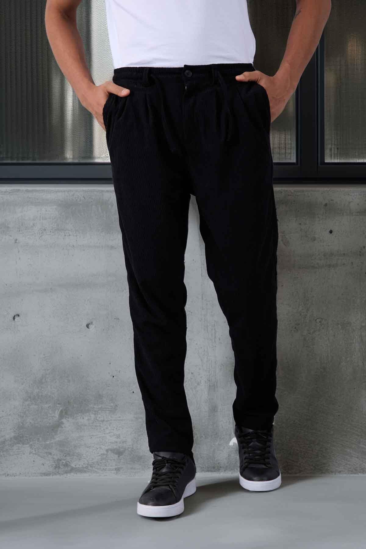 Roy Regular Fit Beli Lastikli Fitilli Kadife Kumaş Fermuarlı Jogger Erkek Pantolon - Siyah