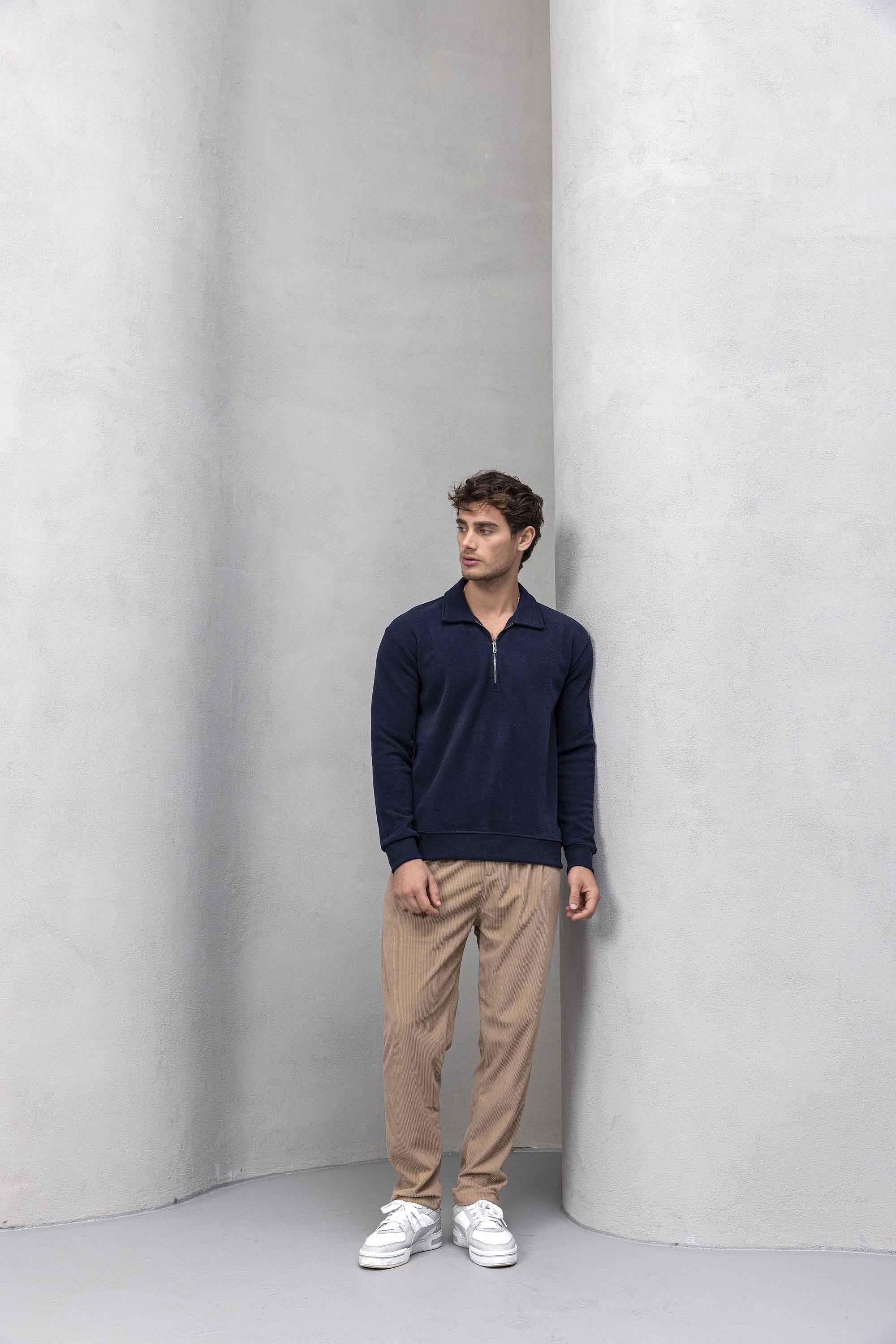 Eric Relax Fit Yarım Fermuarlı Polo Yaka Selanik Kumaş Erkek Sweatshirt - Lacivert · 4