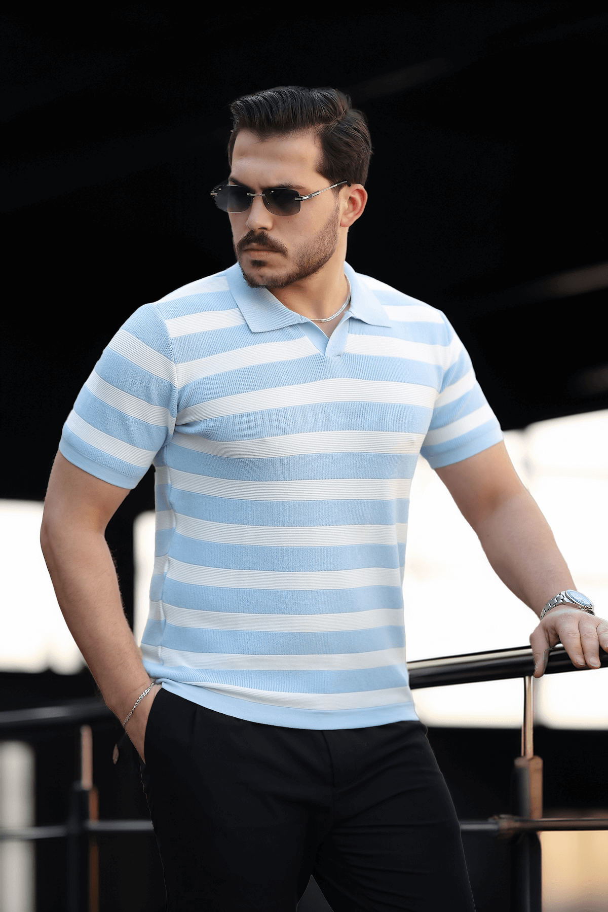 Premium Yan Çizgili Viskon Polo Yaka Triko Erkek T-Shirt - Mavi · 5