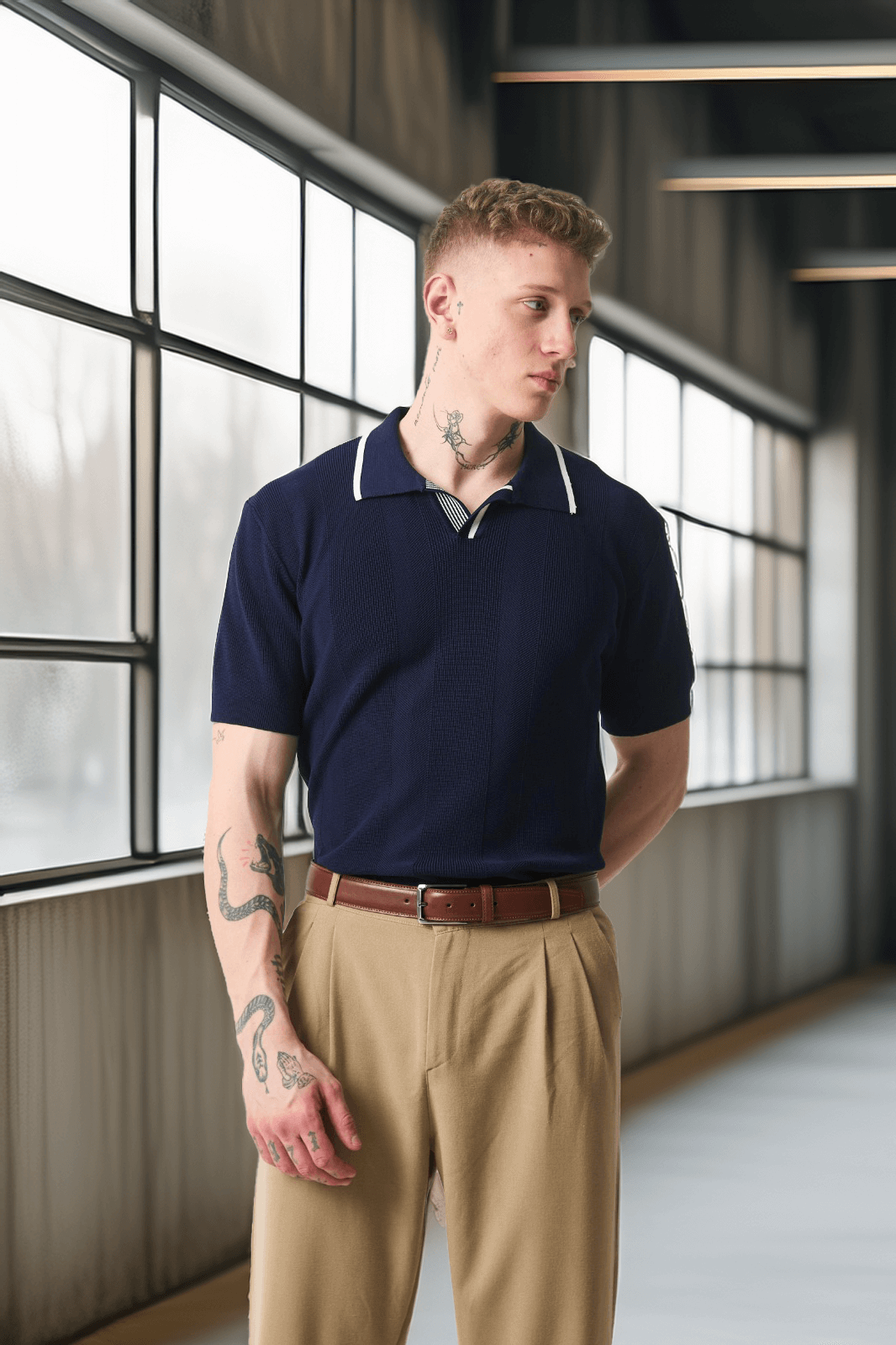 Yakası Şeritli Viskon Polo Yaka Triko Erkek T-Shirt - Lacivert · 4